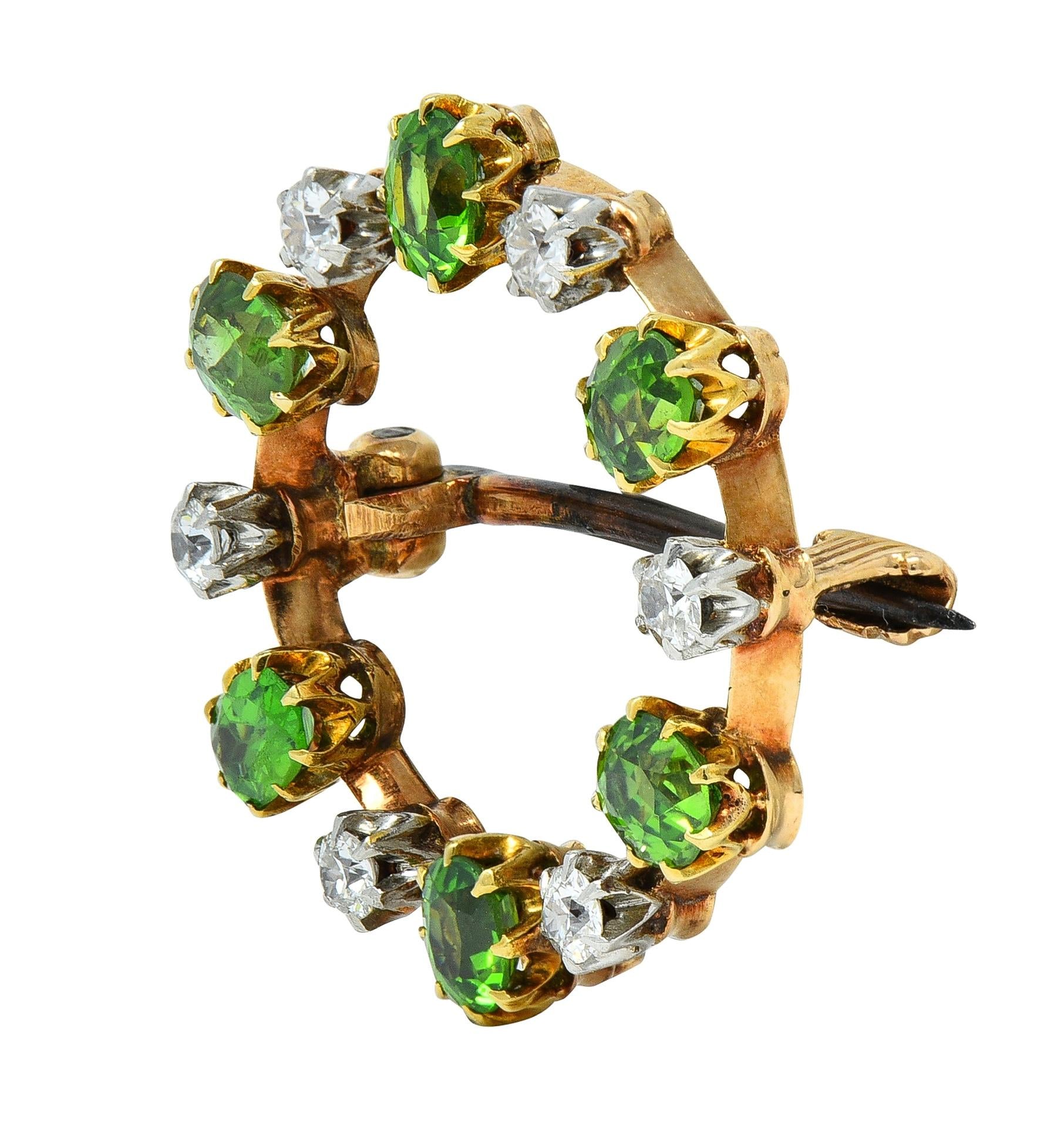 Edwardian 1.80 CTW Diamond Demantoid Garnet Platinum 14 Karat Gold Circle Brooch