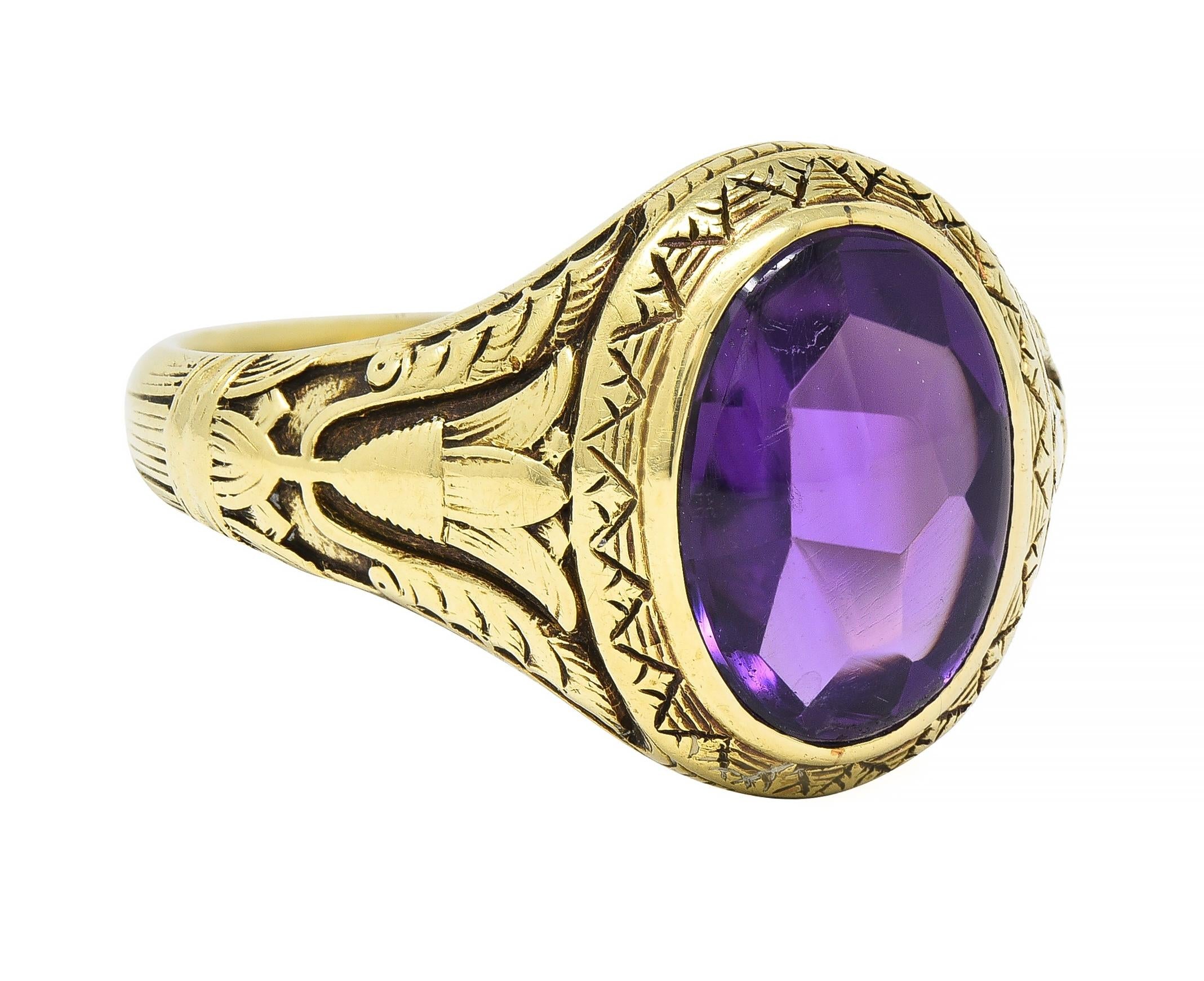 Jones & Woodland Art Nouveau Egyptian Revival Amethyst 14 Karat Gold Lotus Ring