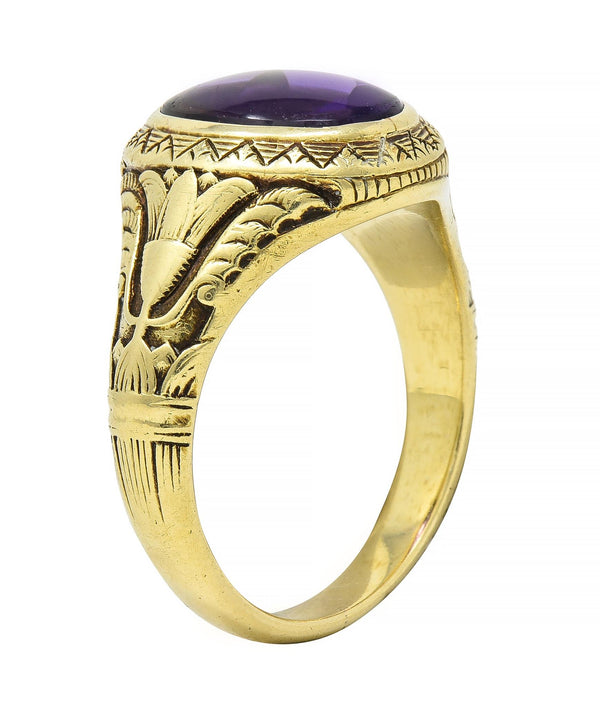 Jones & Woodland Art Nouveau Egyptian Revival Amethyst 14 Karat Gold Lotus Ring