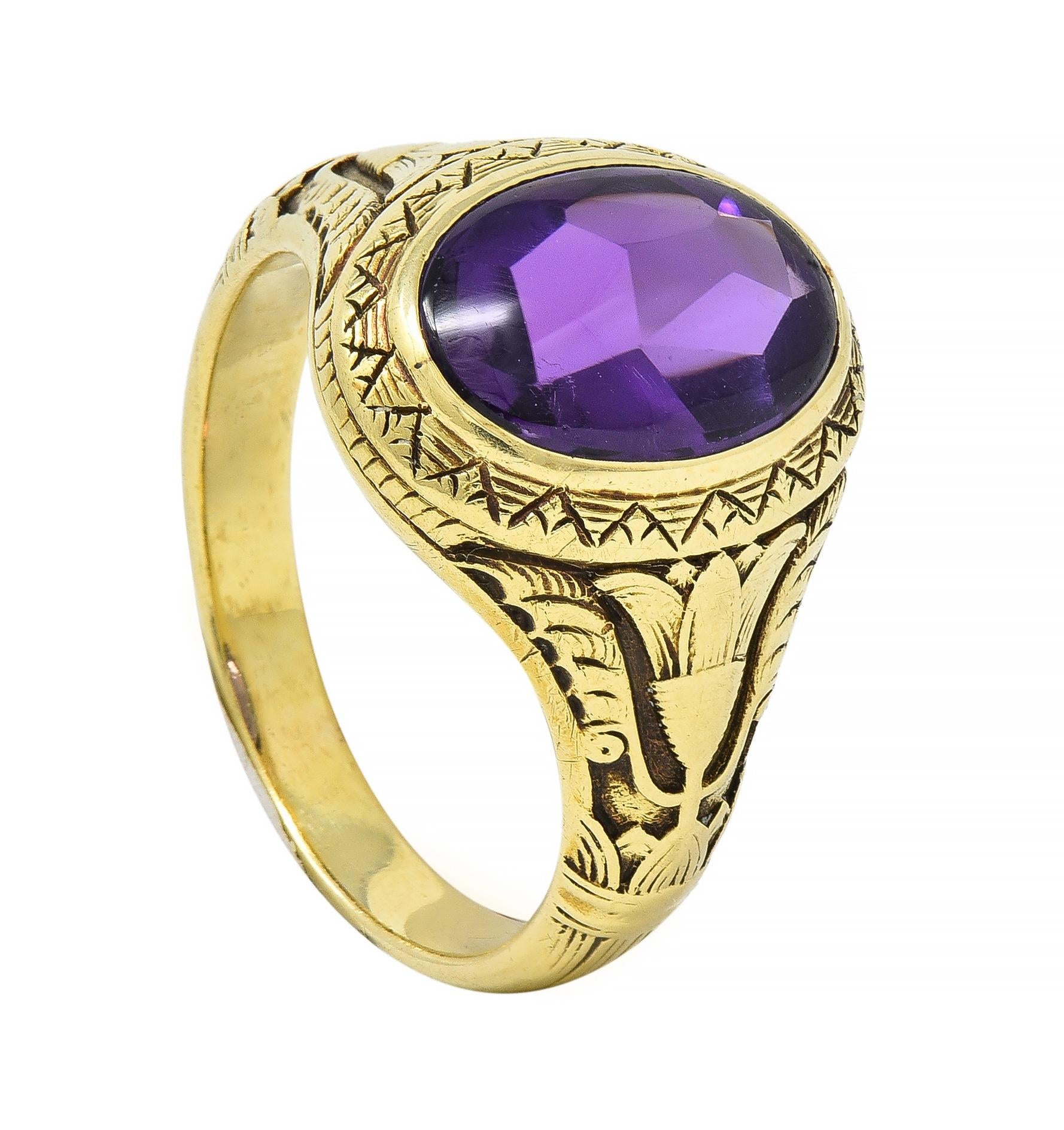 Jones & Woodland Art Nouveau Egyptian Revival Amethyst 14 Karat Gold Lotus Ring