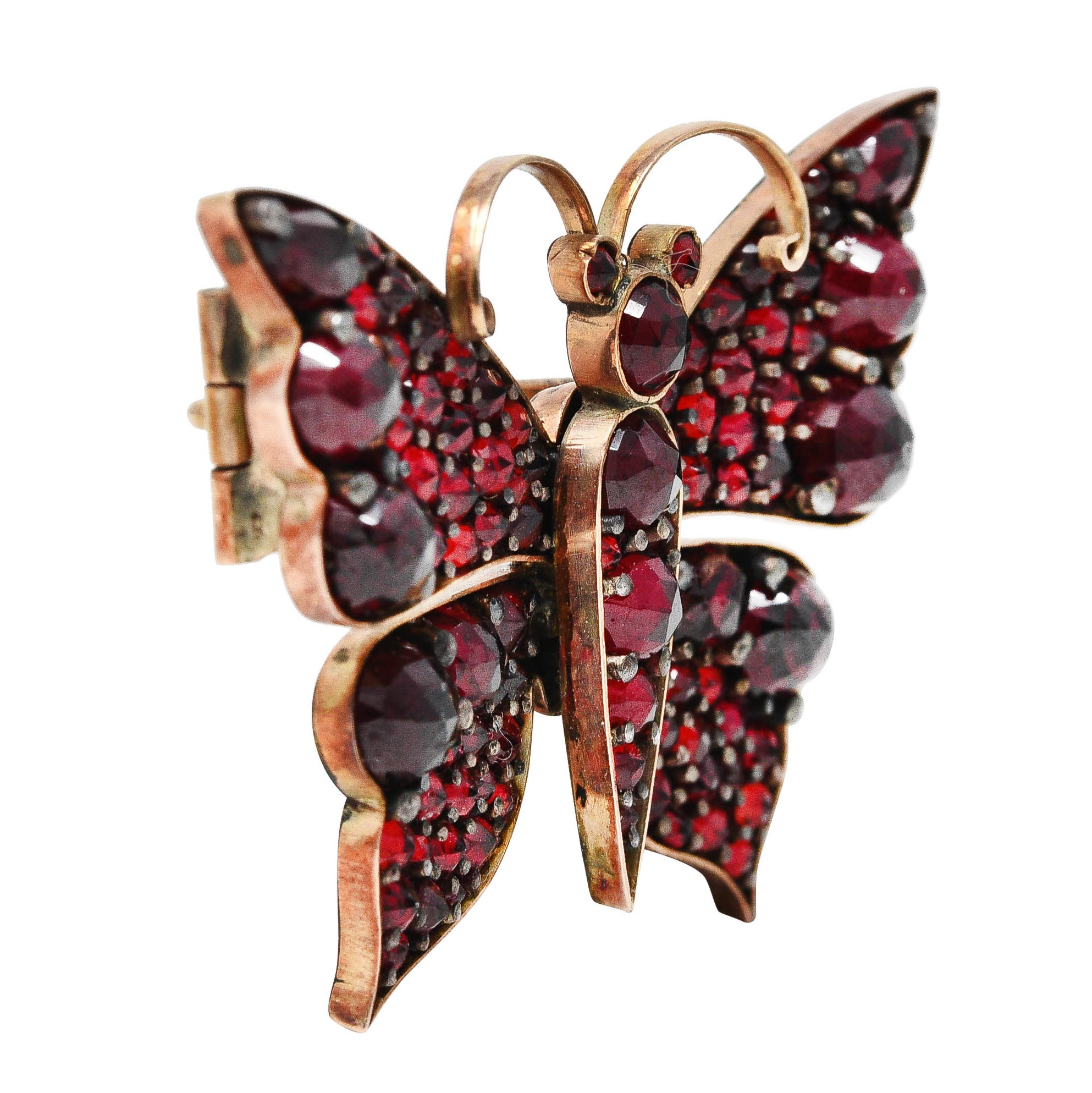 Victorian Bohemian Garnet 14 Karat Yellow Gold Antique Butterfly Brooch Wilson's Estate Jewelry