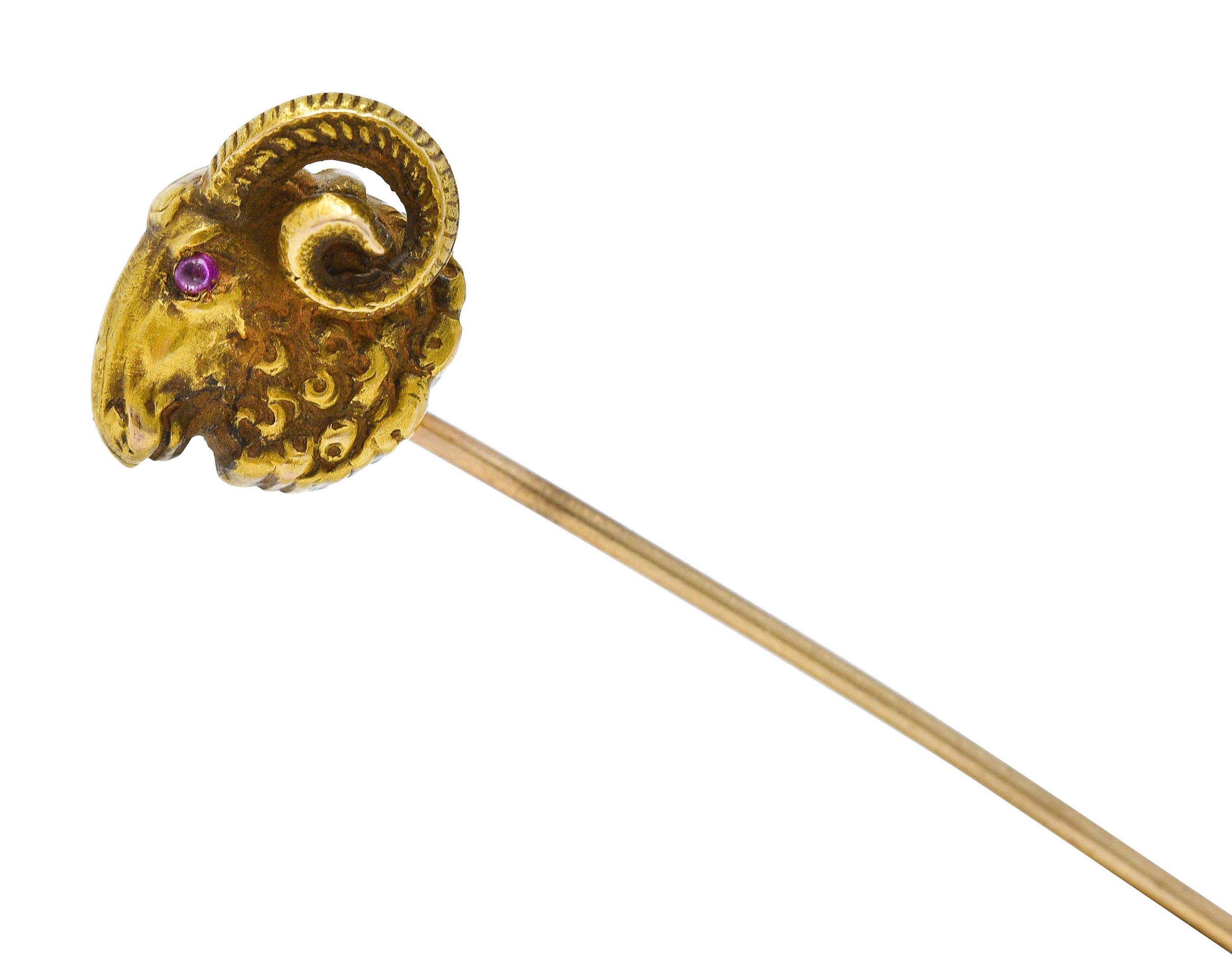 Riker Brothers Ruby 14 Karat Gold Ram Stickpin Aries ZodiacStick Pin - Wilson's Estate Jewelry