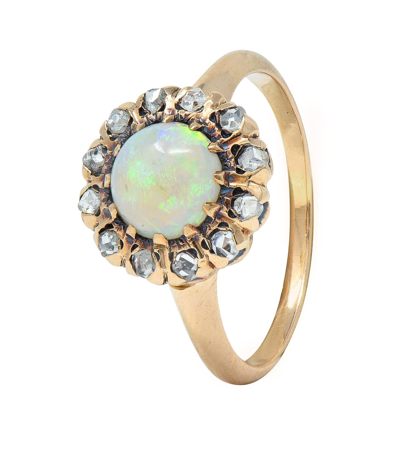 Victorian Opal Cabochon Diamond 14 Karat Yellow Gold Antique Halo Ring