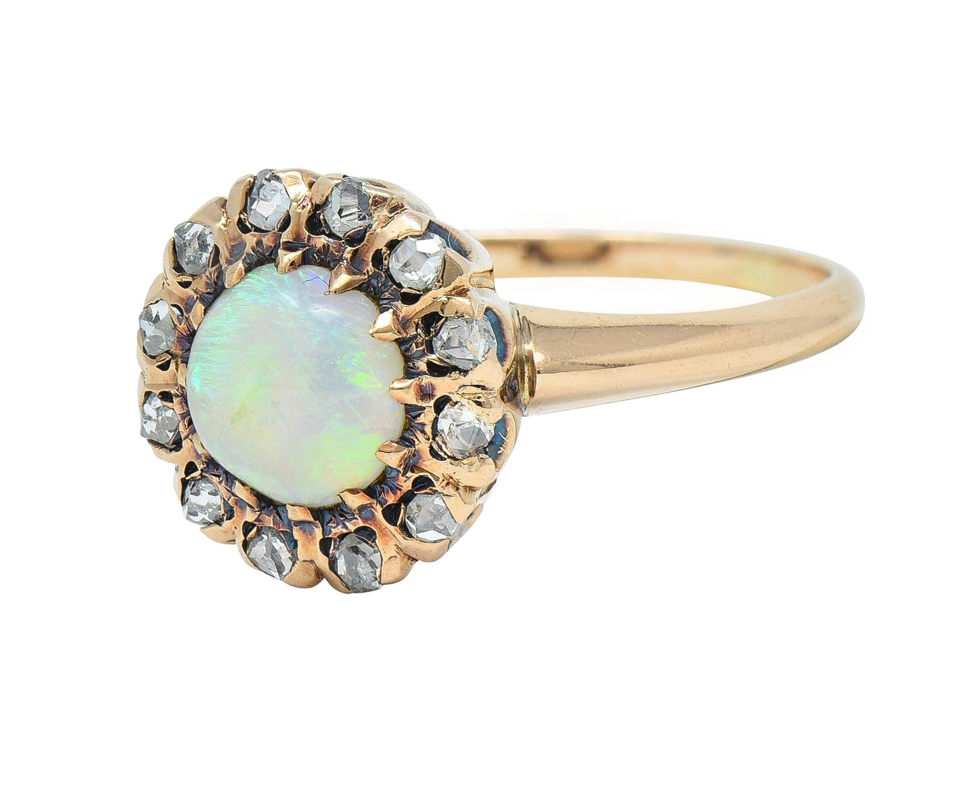 Victorian Opal Cabochon Diamond 14 Karat Yellow Gold Antique Halo Ring