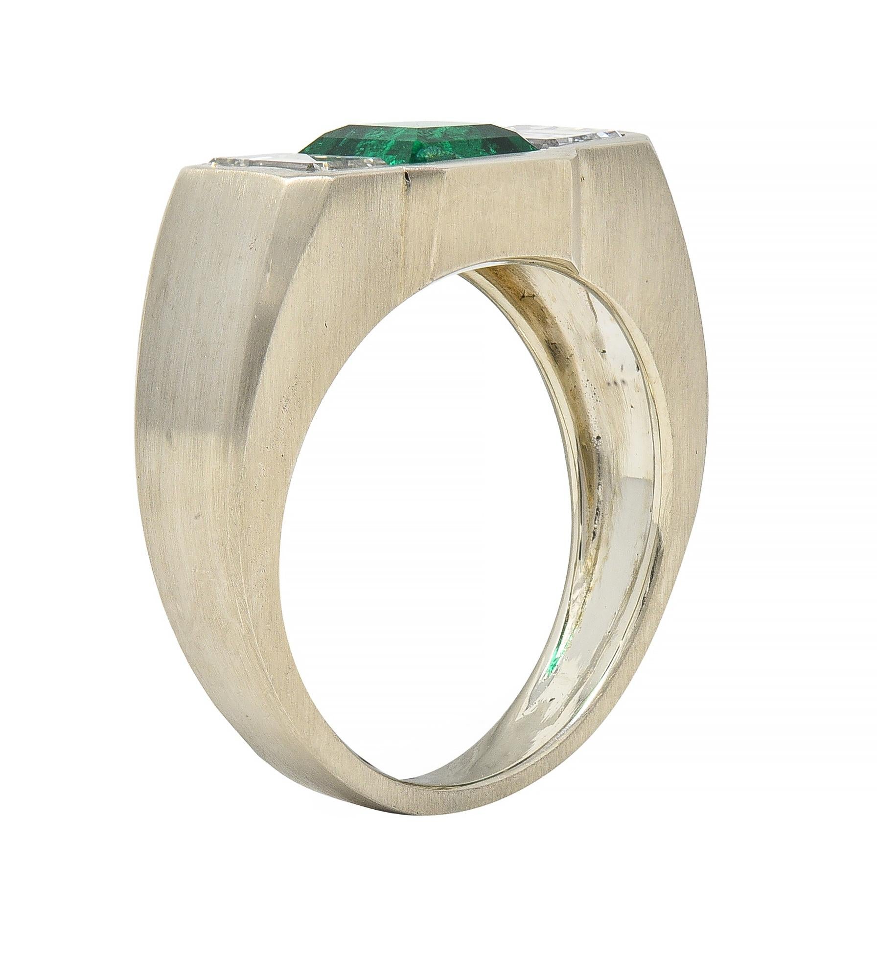 3.79 CTW Colombian Emerald Diamond 14 Karat White Gold Men's Unisex Ring GIA