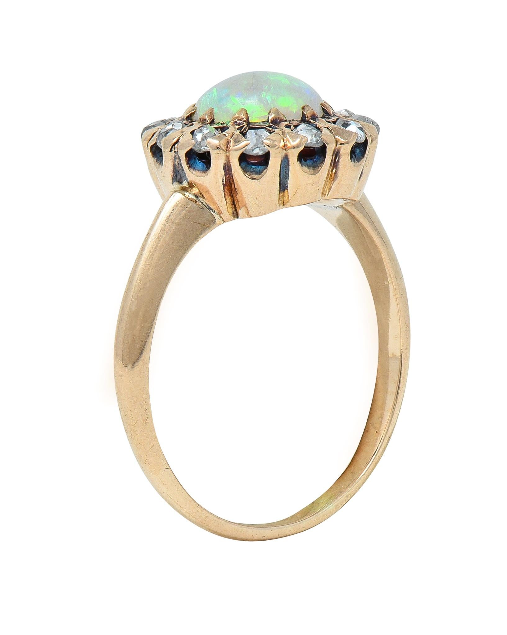 Victorian Opal Cabochon Diamond 14 Karat Yellow Gold Antique Halo Ring