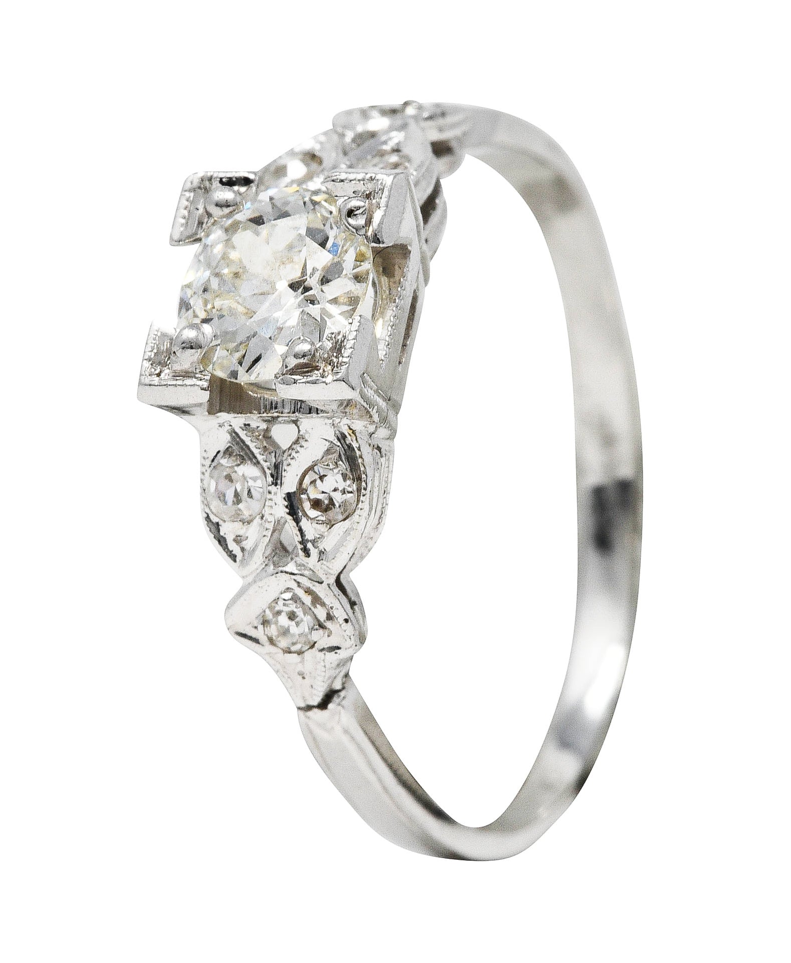 Late Art Deco 0.60 CTW Diamond 18 Karat White Gold Geometric Engagement RingRing - Wilson's Estate Jewelry