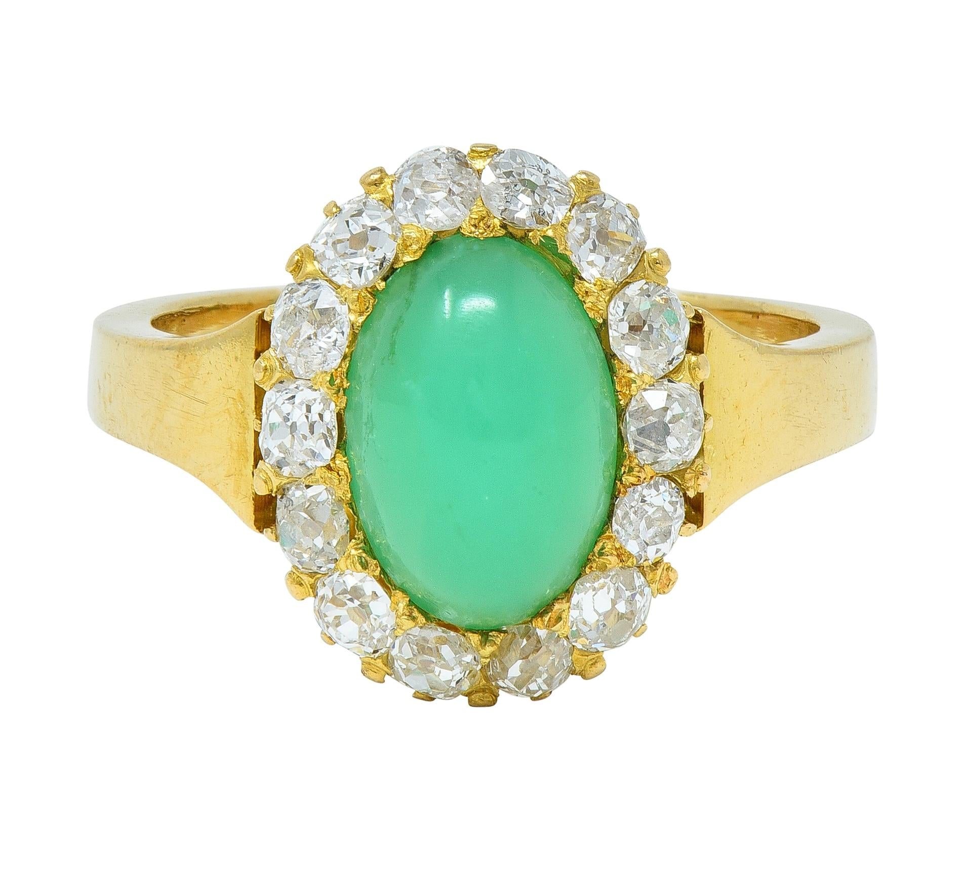 Modernist Chrysoprase Diamond 18 Karat Yellow Gold Vintage Halo Ring