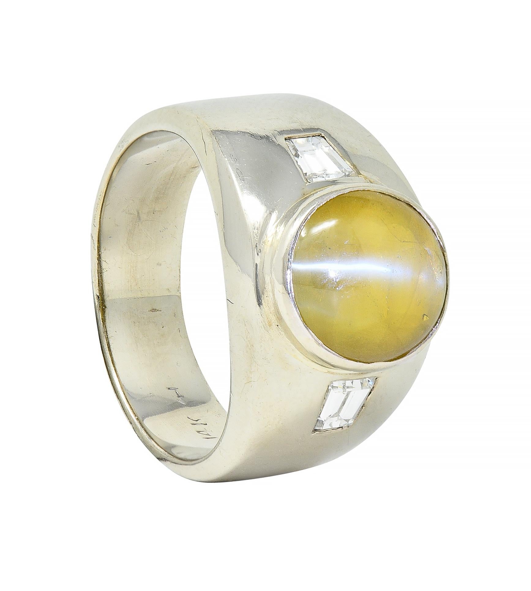 1960's Cat's Eye Chrysoberyl Diamond 14 Karat White Gold Three Stone Ring