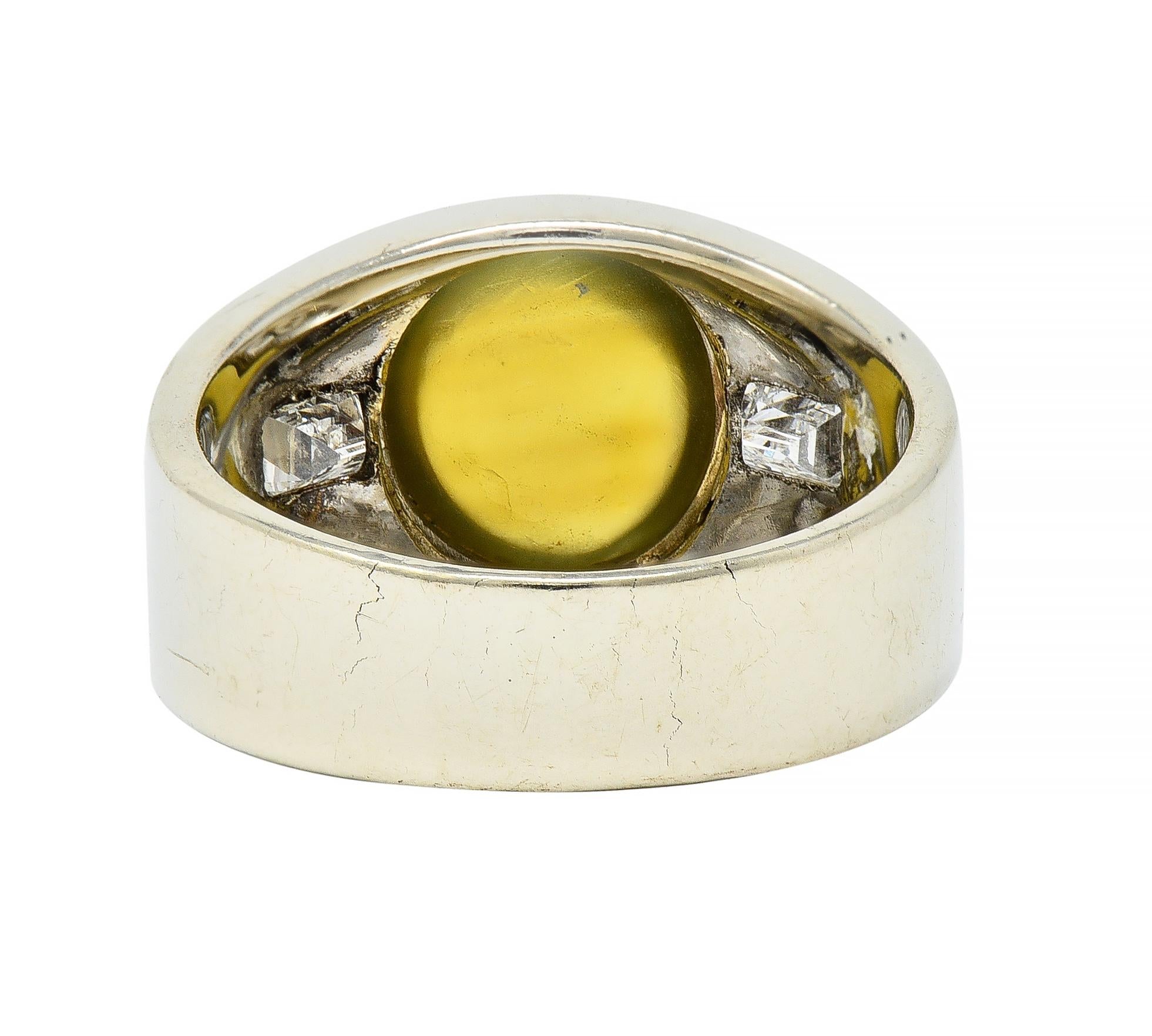 1960's Cat's Eye Chrysoberyl Diamond 14 Karat White Gold Three Stone Ring