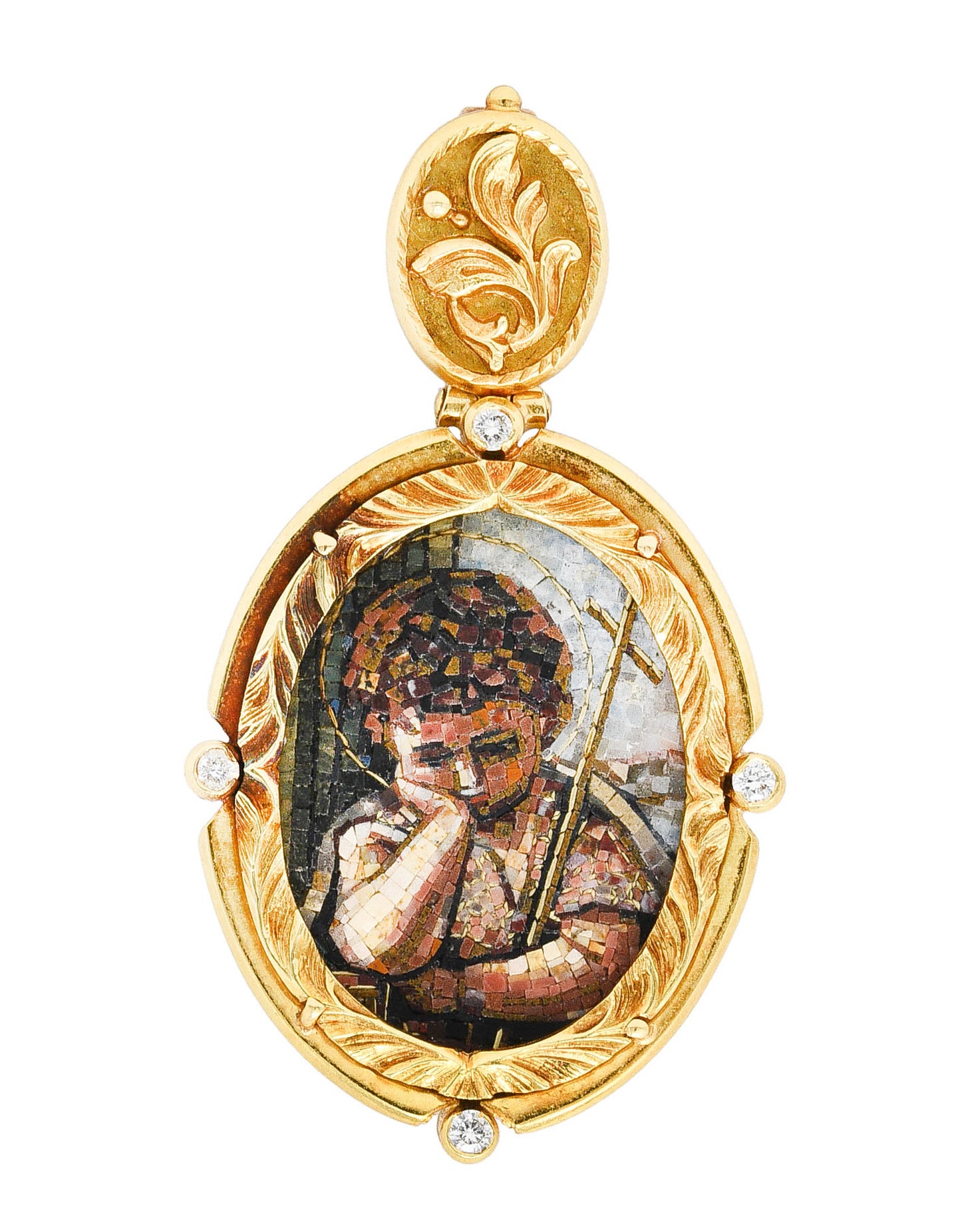 Russian Diamond Micro Mosaic 18 Karat Gold John the Baptist PendantNecklace - Wilson's Estate Jewelry