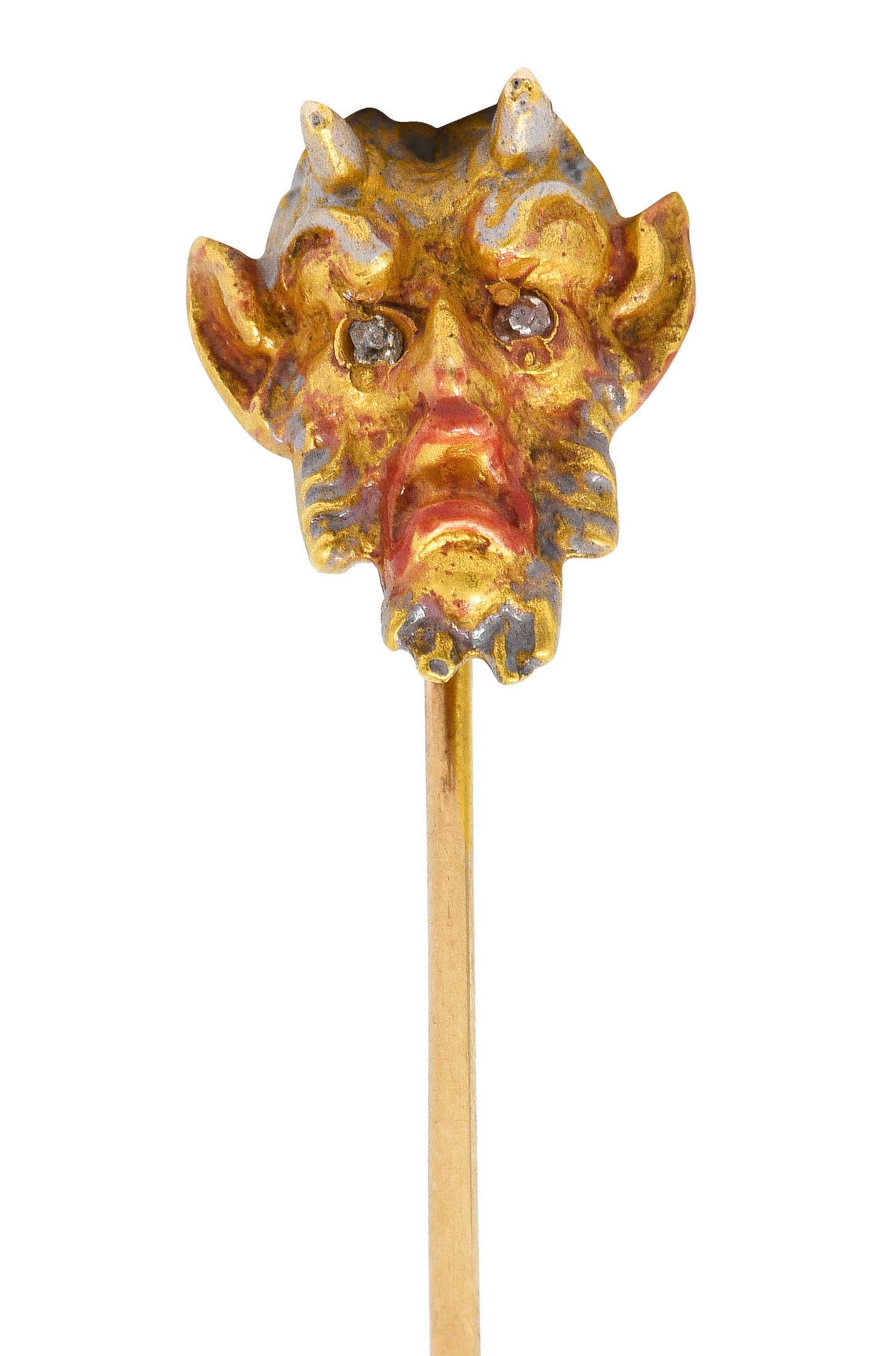 Art Nouveau Diamond Enamel 18 Karat Gold Devilish Satyr StickpinStick Pin - Wilson's Estate Jewelry