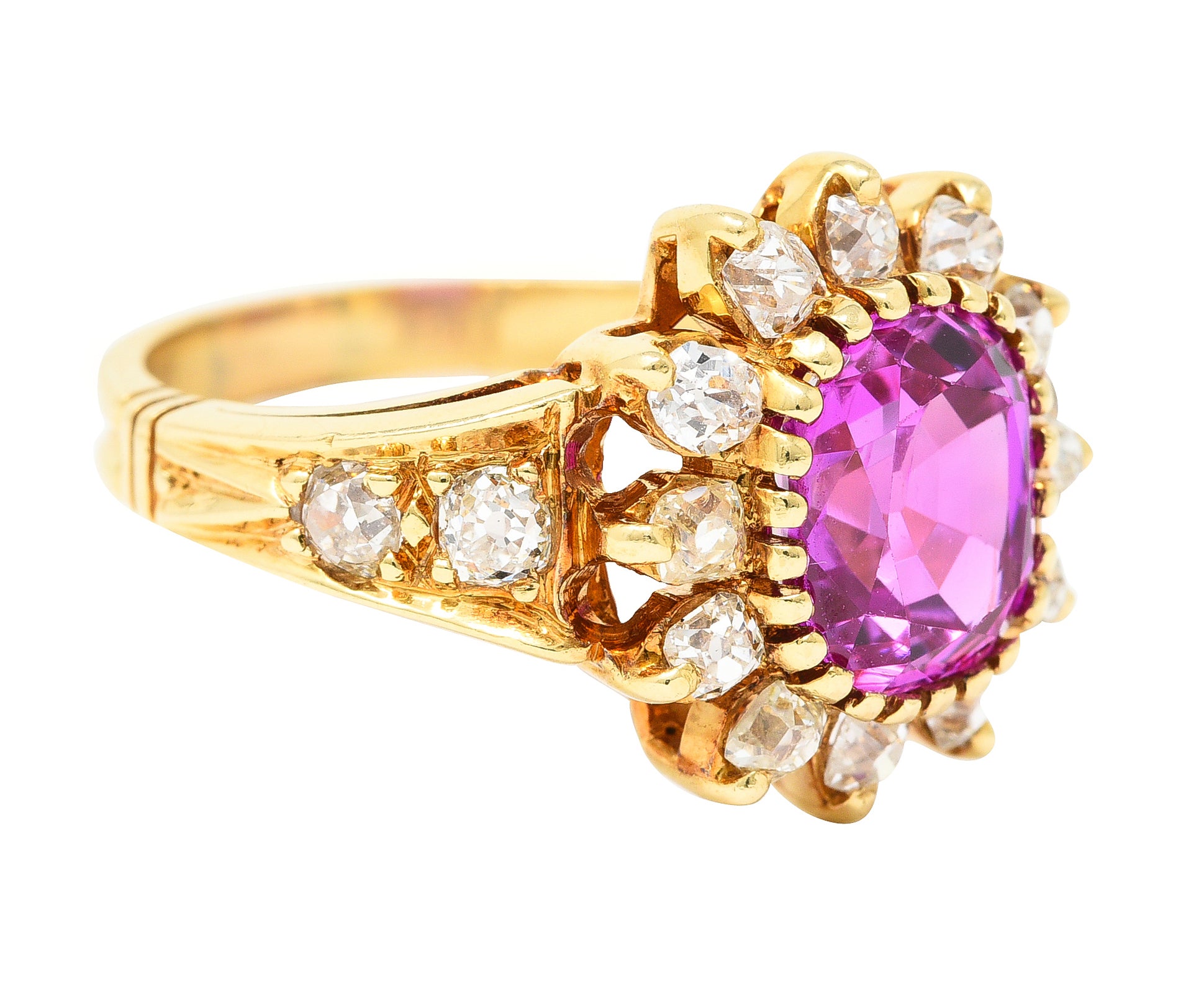 Victorian 2.94 CTW Cushion Cut No-Heat Pink Burma Sapphire Old Mine Cut Diamond 14 Karat Yellow Gold Burst Antique Cluster Ring GIA Wilson's Estate Jewelry