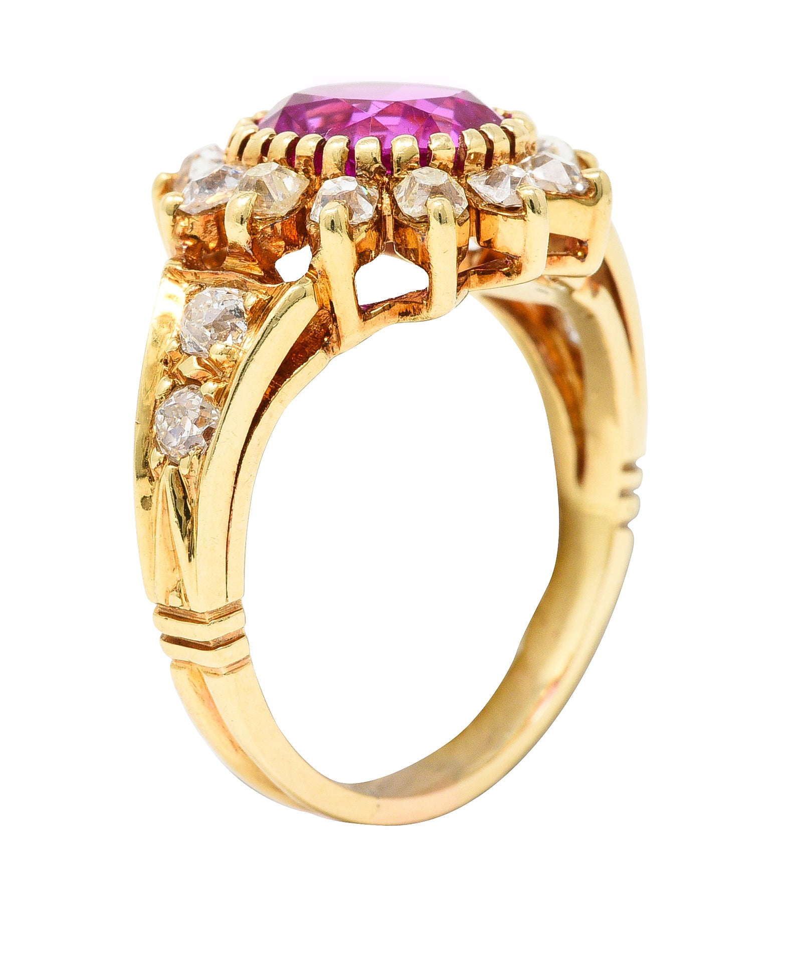 Victorian 2.94 CTW Cushion Cut No-Heat Pink Burma Sapphire Old Mine Cut Diamond 14 Karat Yellow Gold Burst Antique Cluster Ring GIA Wilson's Estate Jewelry