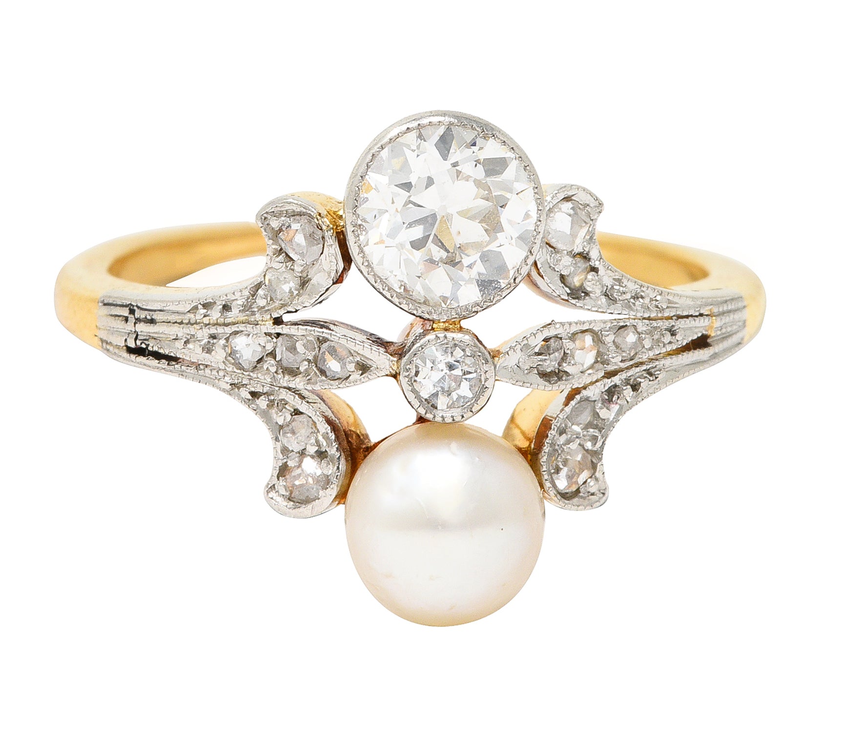 Edwardian Old European Cut Diamond Natural Pearl Platinum-Topped 18 Karat Yellow Gold Fleur-De-Lis Antique Ring Wilson's Estate Jewelry