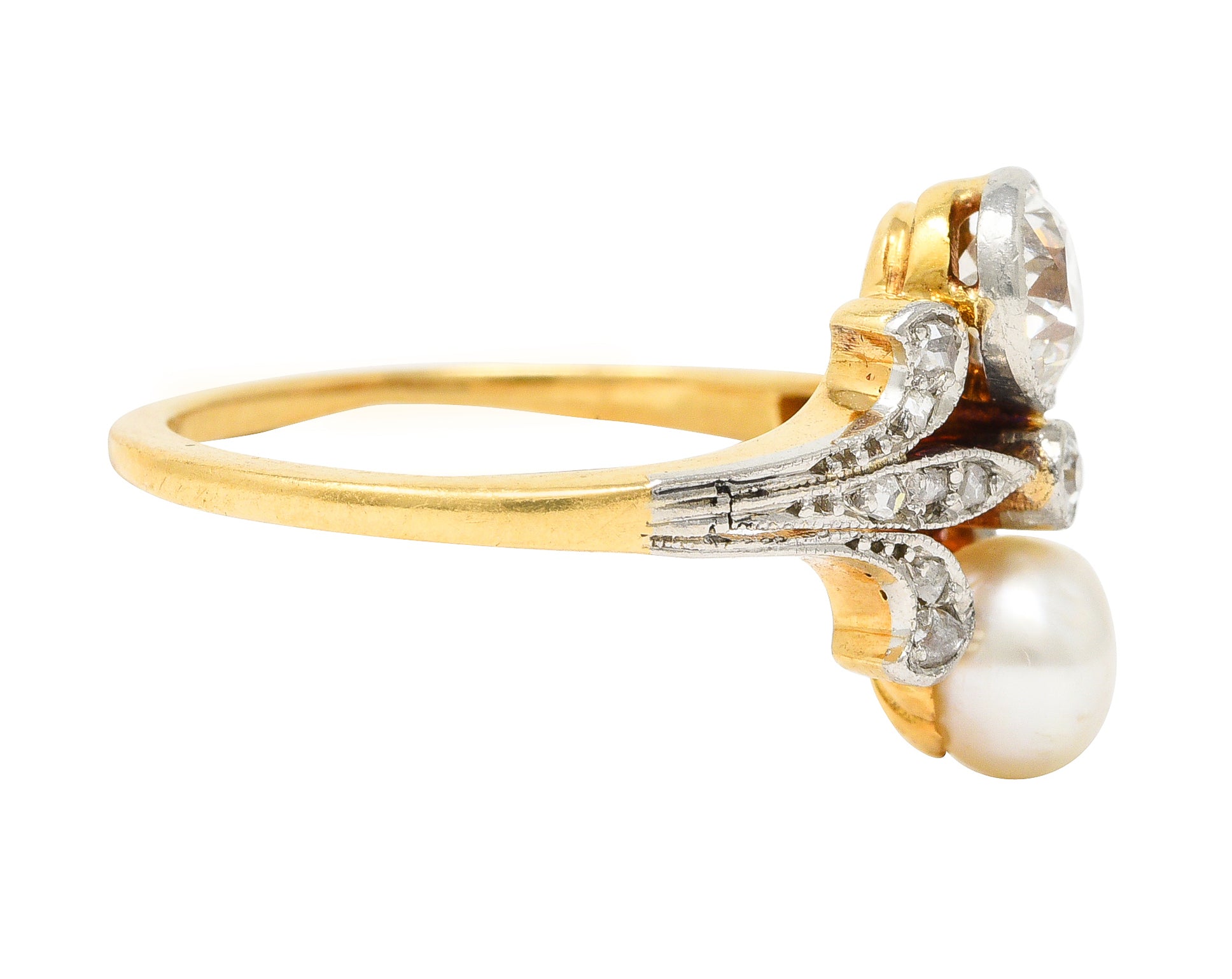 Edwardian Old European Cut Diamond Natural Pearl Platinum-Topped 18 Karat Yellow Gold Fleur-De-Lis Antique Ring Wilson's Estate Jewelry