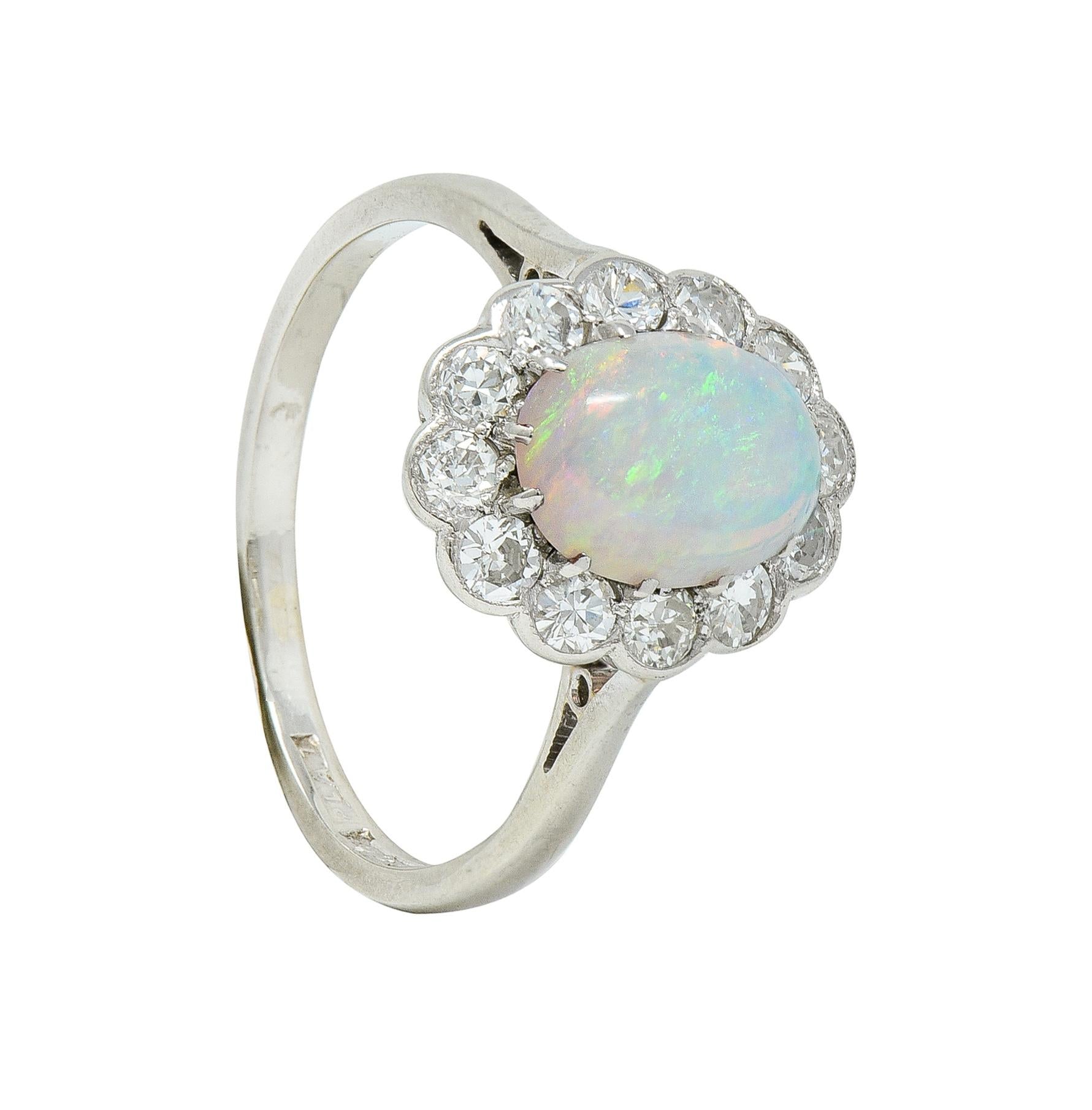 Edwardian 0.60 CTW Opal Diamond Platinum 18 Karat Gold Antique Halo Ring