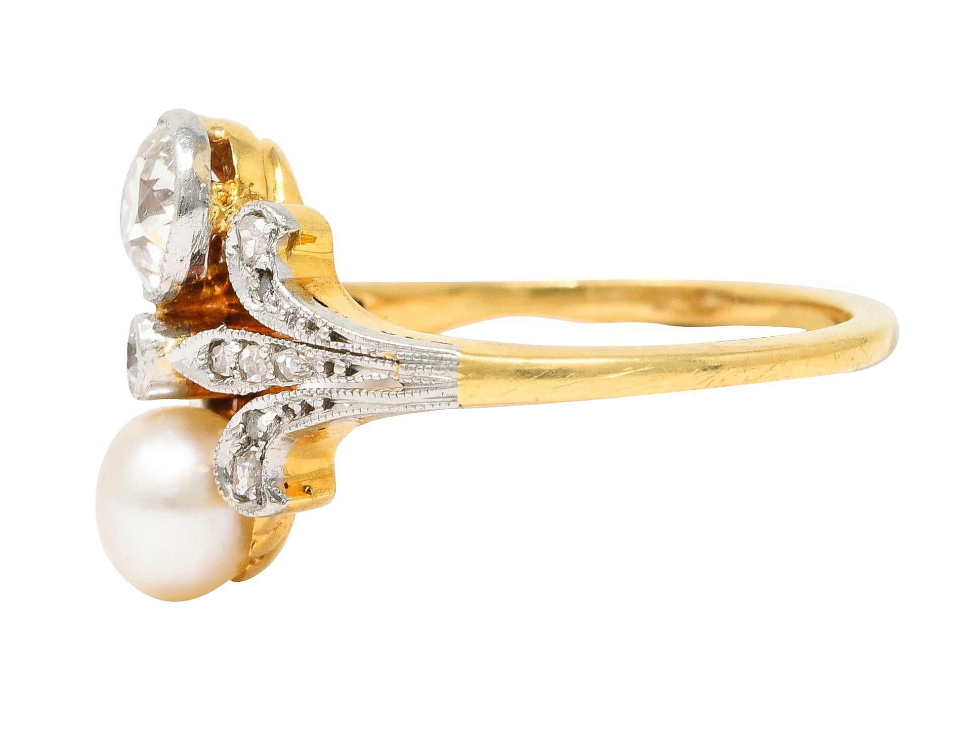 Edwardian Old European Cut Diamond Natural Pearl Platinum-Topped 18 Karat Yellow Gold Fleur-De-Lis Antique Ring Wilson's Estate Jewelry