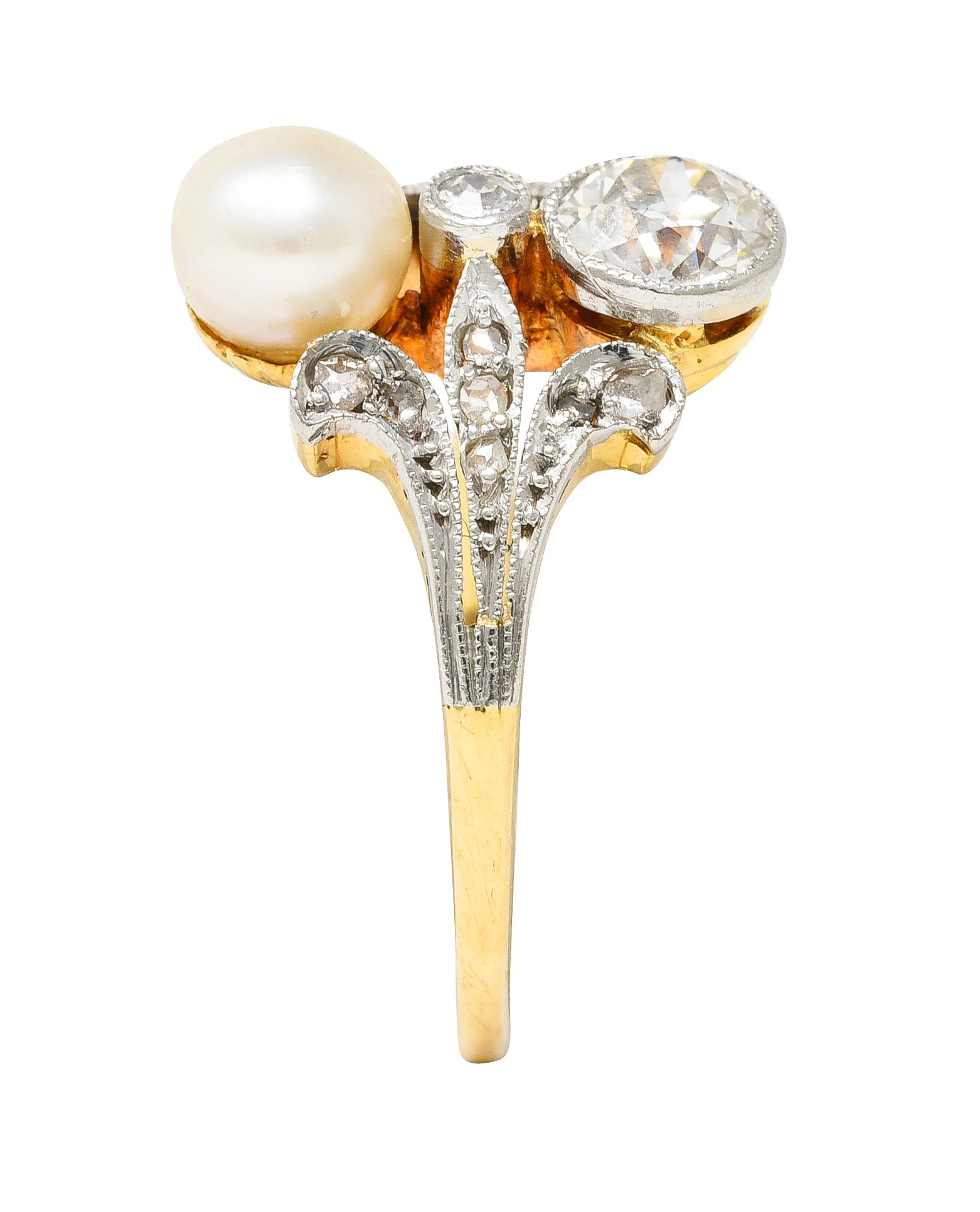 Edwardian Old European Cut Diamond Natural Pearl Platinum-Topped 18 Karat Yellow Gold Fleur-De-Lis Antique Ring Wilson's Estate Jewelry