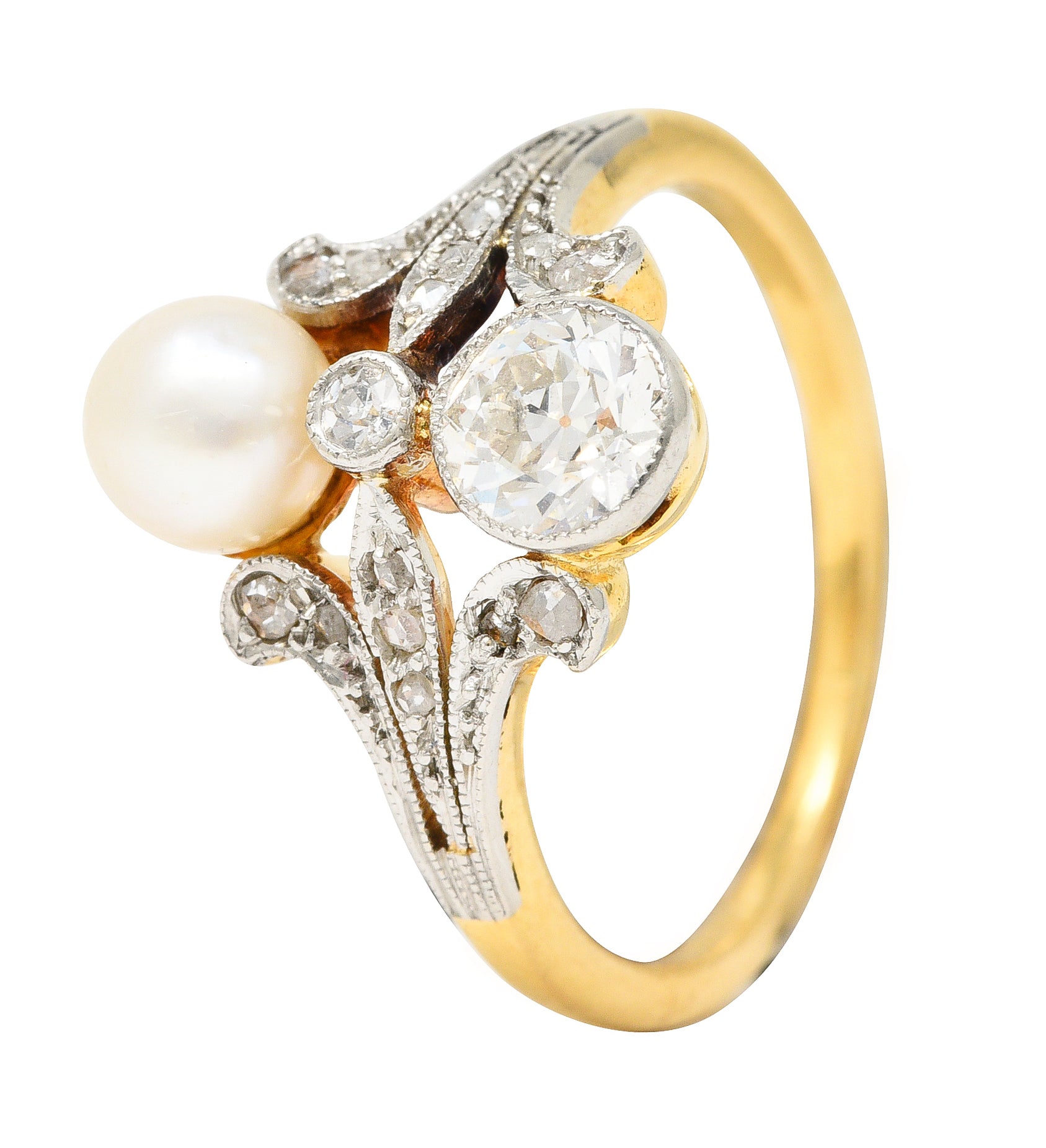 Edwardian Old European Cut Diamond Natural Pearl Platinum-Topped 18 Karat Yellow Gold Fleur-De-Lis Antique Ring Wilson's Estate Jewelry