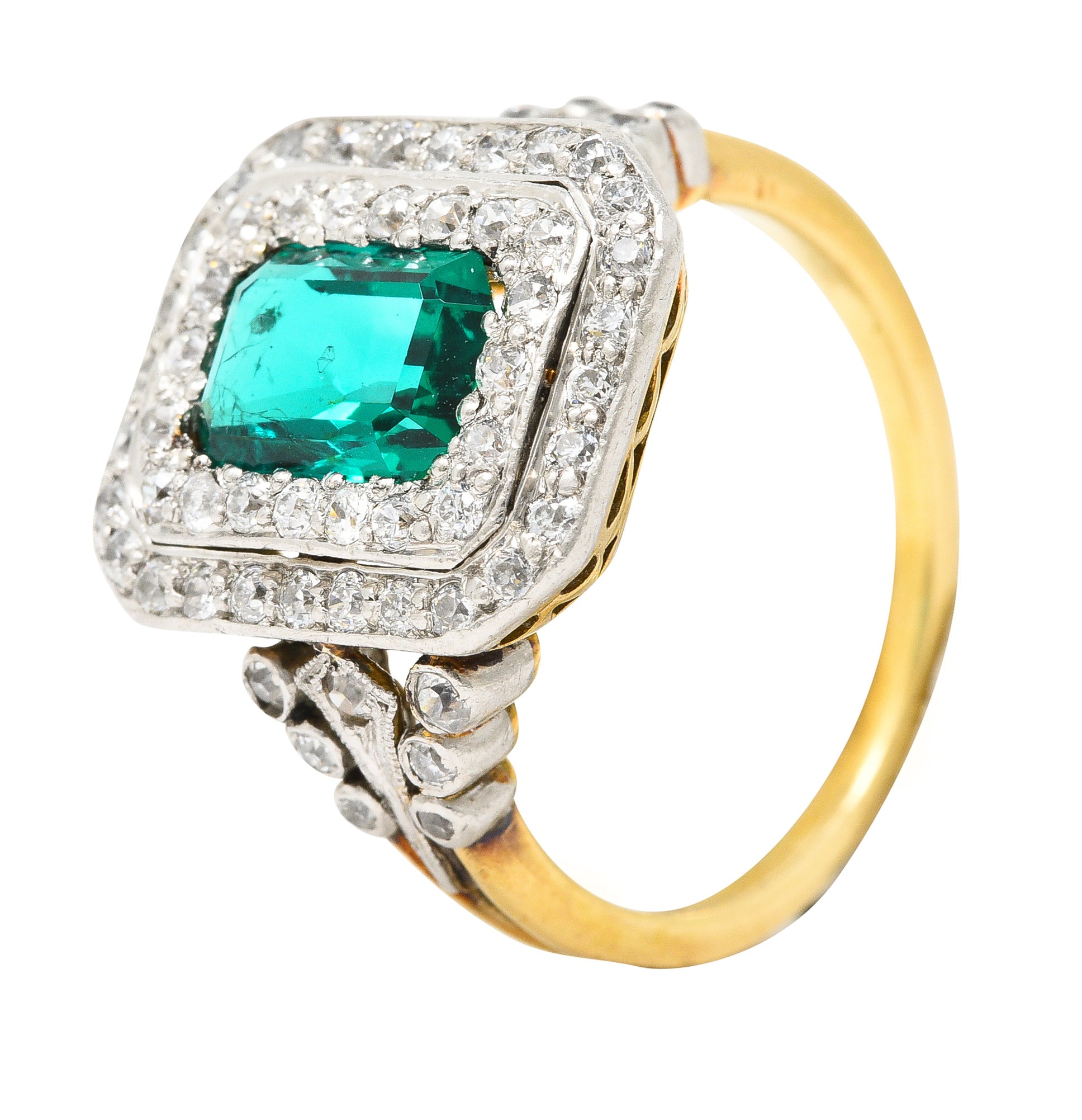 Tiffany & Co. Edwardian 2.12 CTW Colombian Emerald Diamond Platinum-Topped 18 Karat Yellow Gold Antique Double Halo Ring AGL Wilson's Estate Jewelry