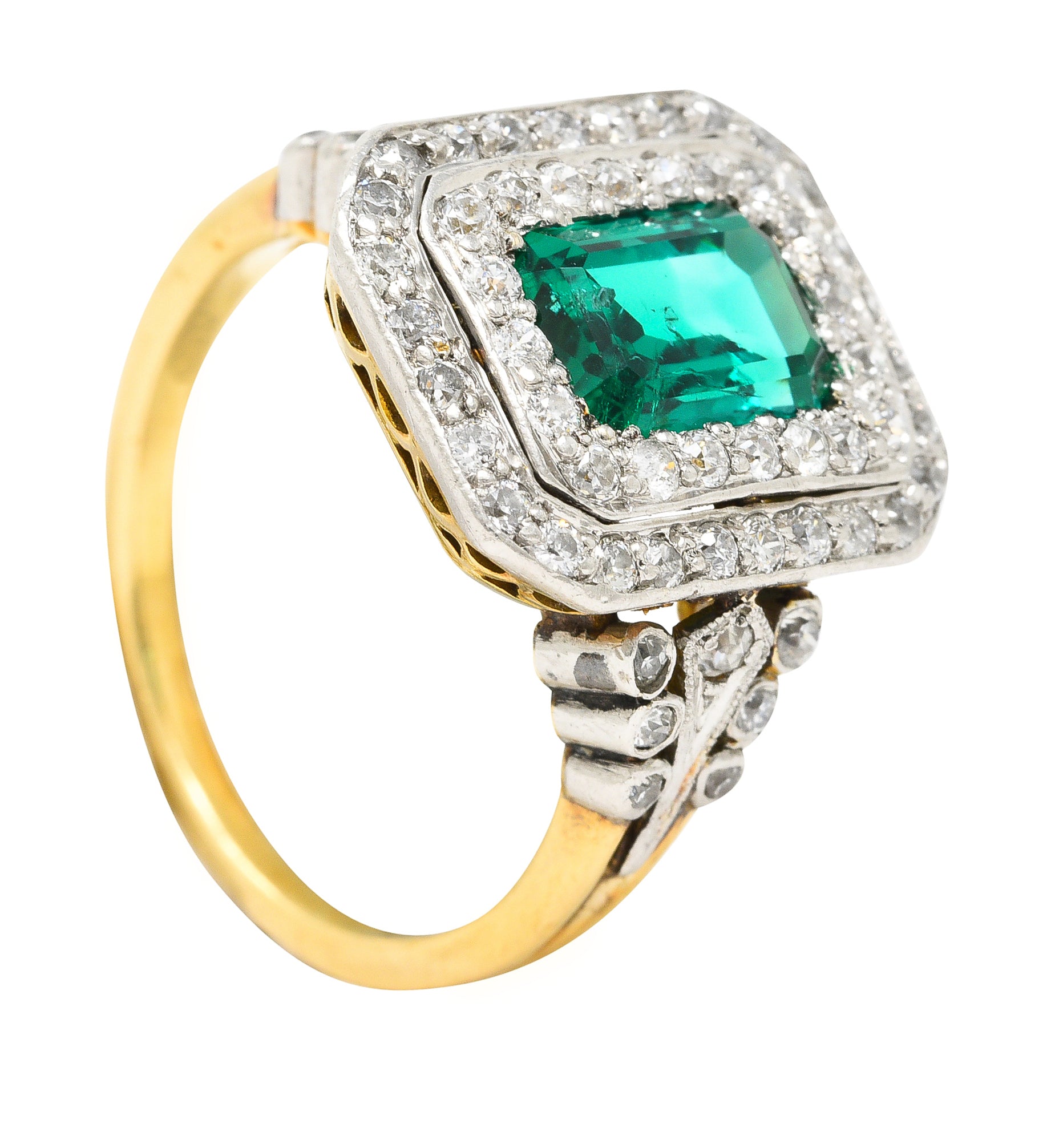 Tiffany & Co. Edwardian 2.12 CTW Colombian Emerald Diamond Platinum-Topped 18 Karat Yellow Gold Antique Double Halo Ring AGL Wilson's Estate Jewelry