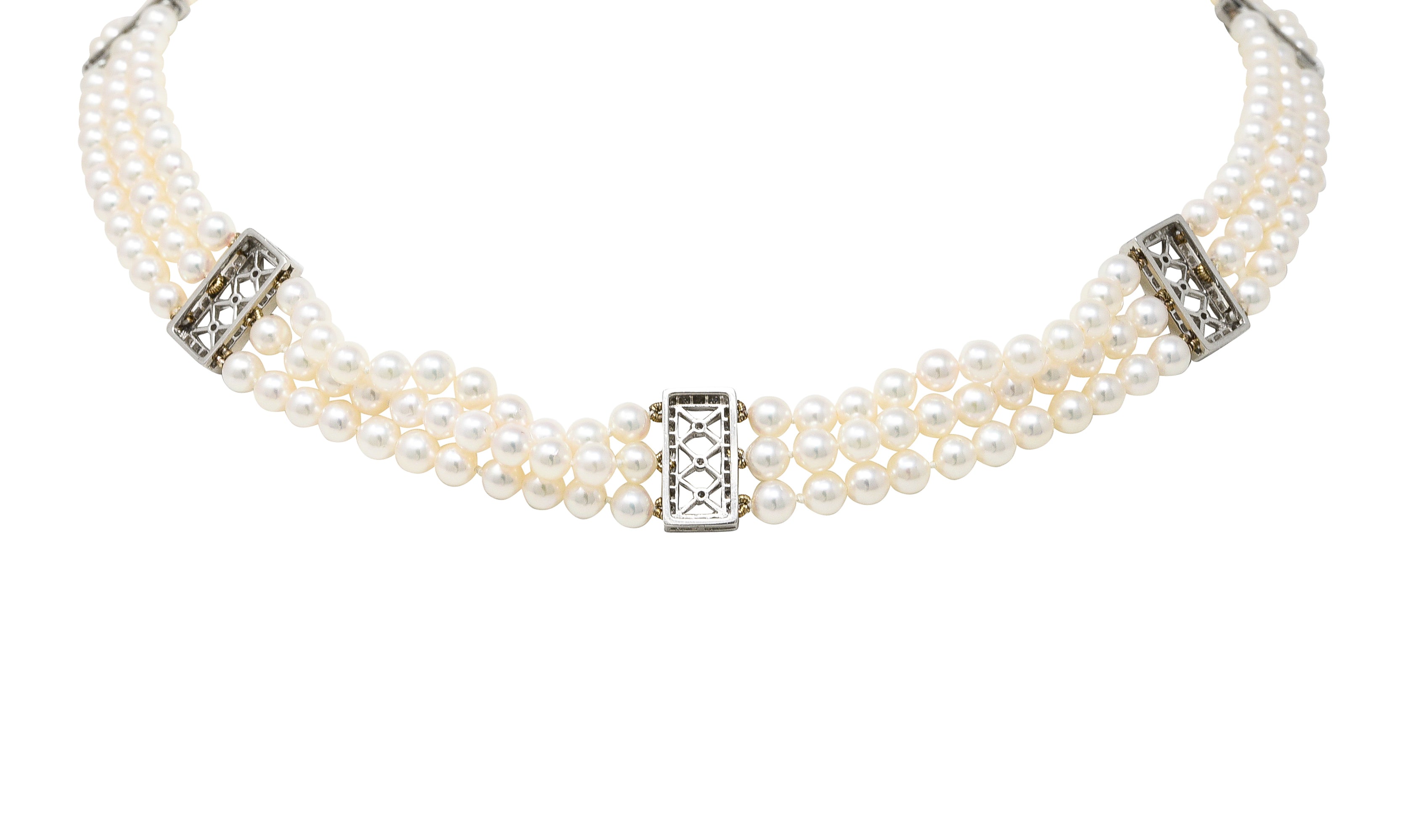 Tiffany & Co. Diamond Pearl Platinum Voile Three Strand Station Collar Necklace Wilson's Estate Jewelry