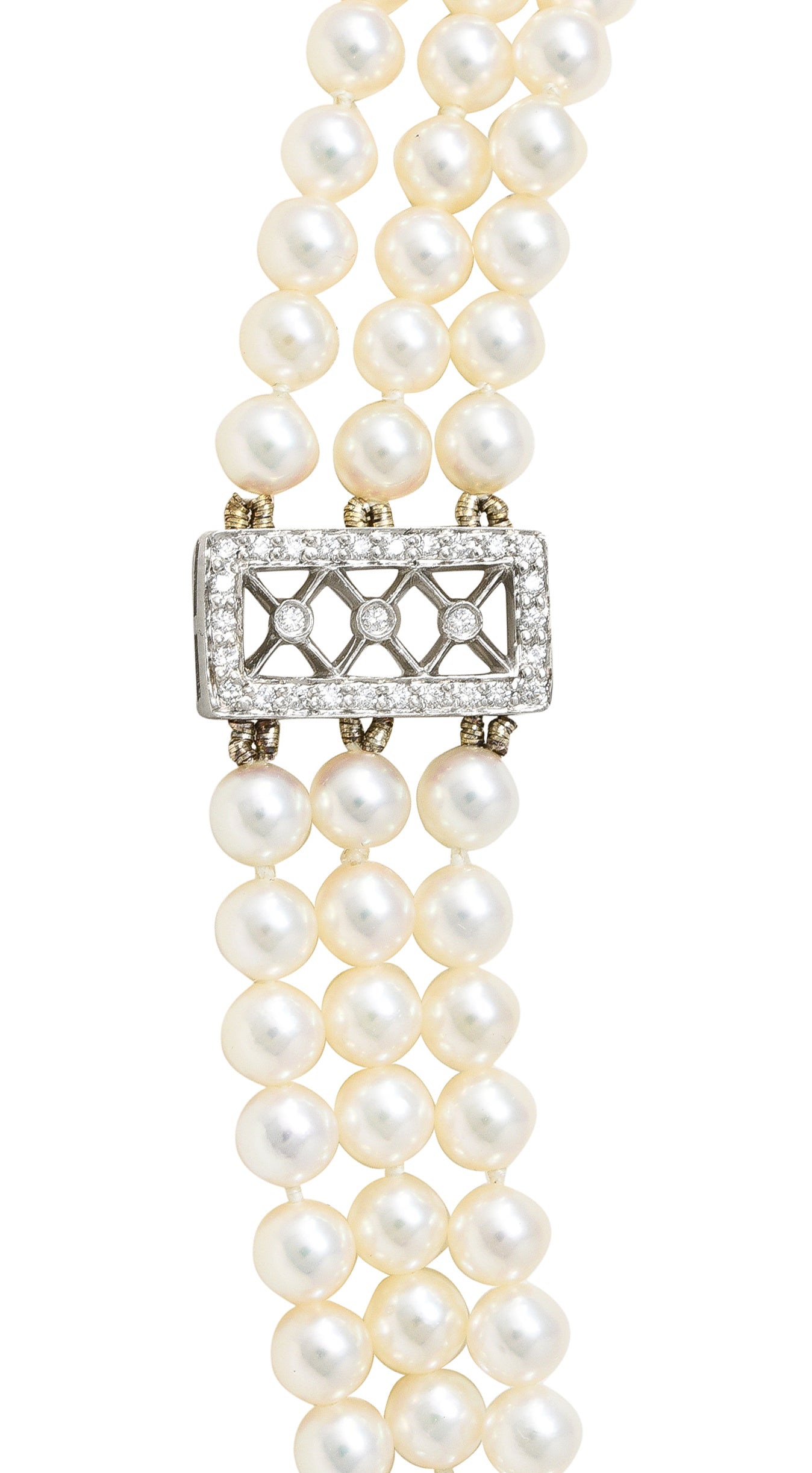 Tiffany & Co. Diamond Pearl Platinum Voile Three Strand Station Collar Necklace Wilson's Estate Jewelry