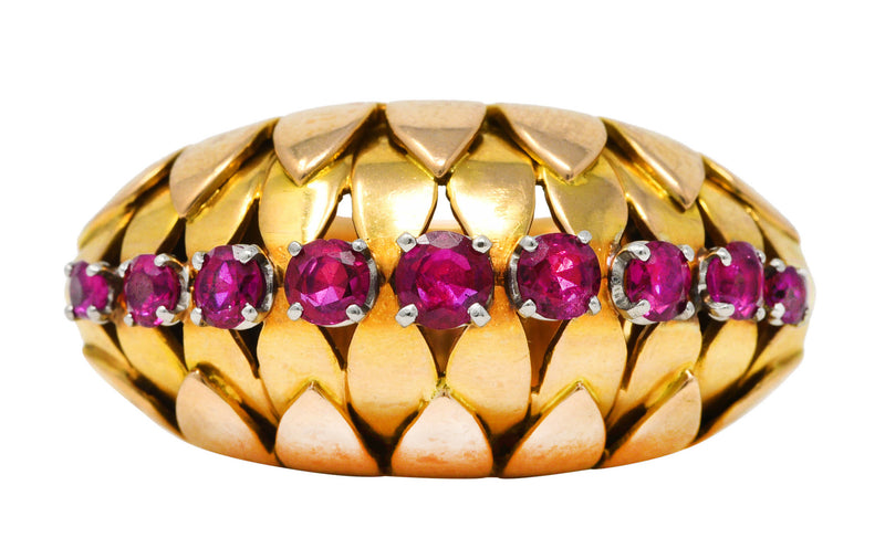 1940's French 1.70 CTW Retro Ruby 14 Karat Two-Tone Gold Platinum Fanned Statement Ring Wilson's Estate Jewelry