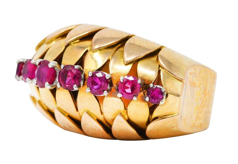 1940's French 1.70 CTW Retro Ruby 14 Karat Two-Tone Gold Platinum Fanned Statement Ring Wilson's Estate Jewelry