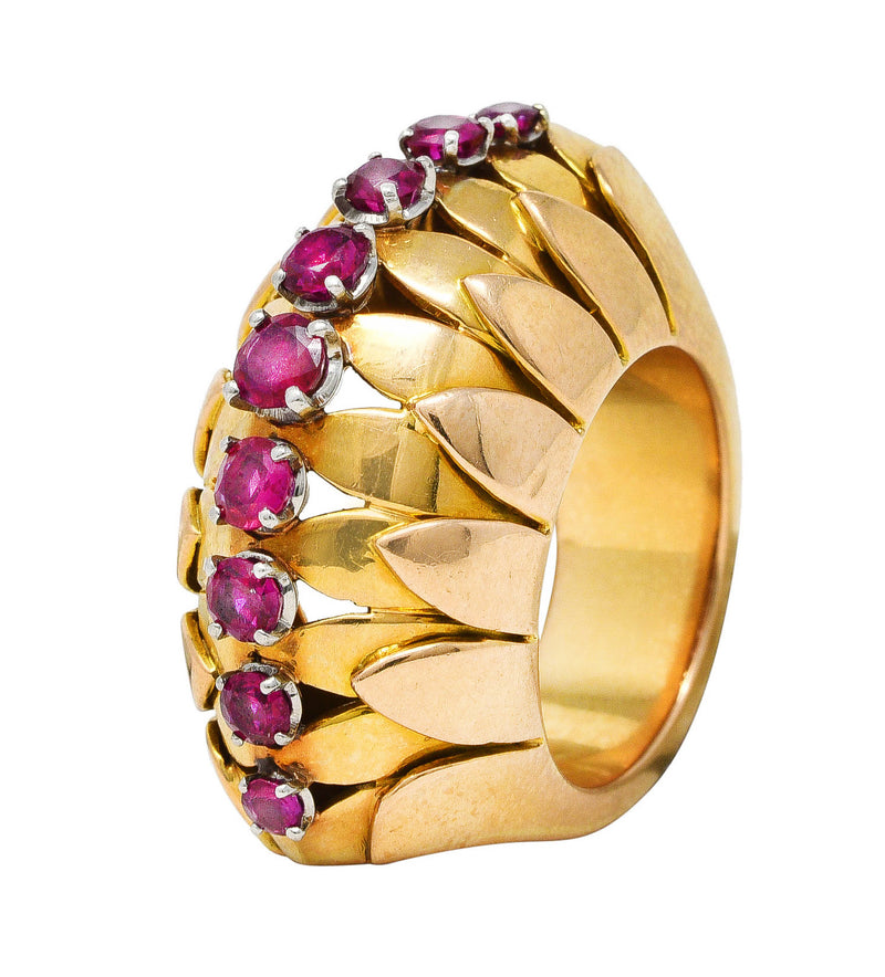 1940's French 1.70 CTW Retro Ruby 14 Karat Two-Tone Gold Platinum Fanned Statement Ring Wilson's Estate Jewelry