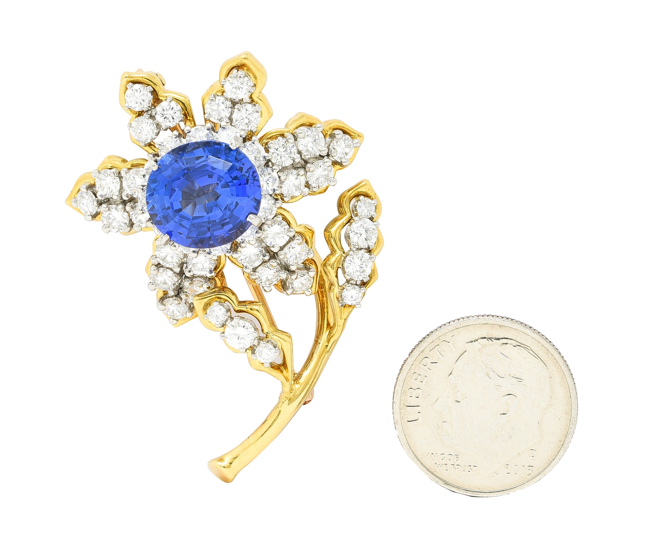 Tiffany & Co. 10.23 CTW Step Cut Tanzanite Transitional Cut Diamonds Platinum 18 Karat Yellow Gold Clematis Flower Vintage Brooch Wilson's Estate Jewelry