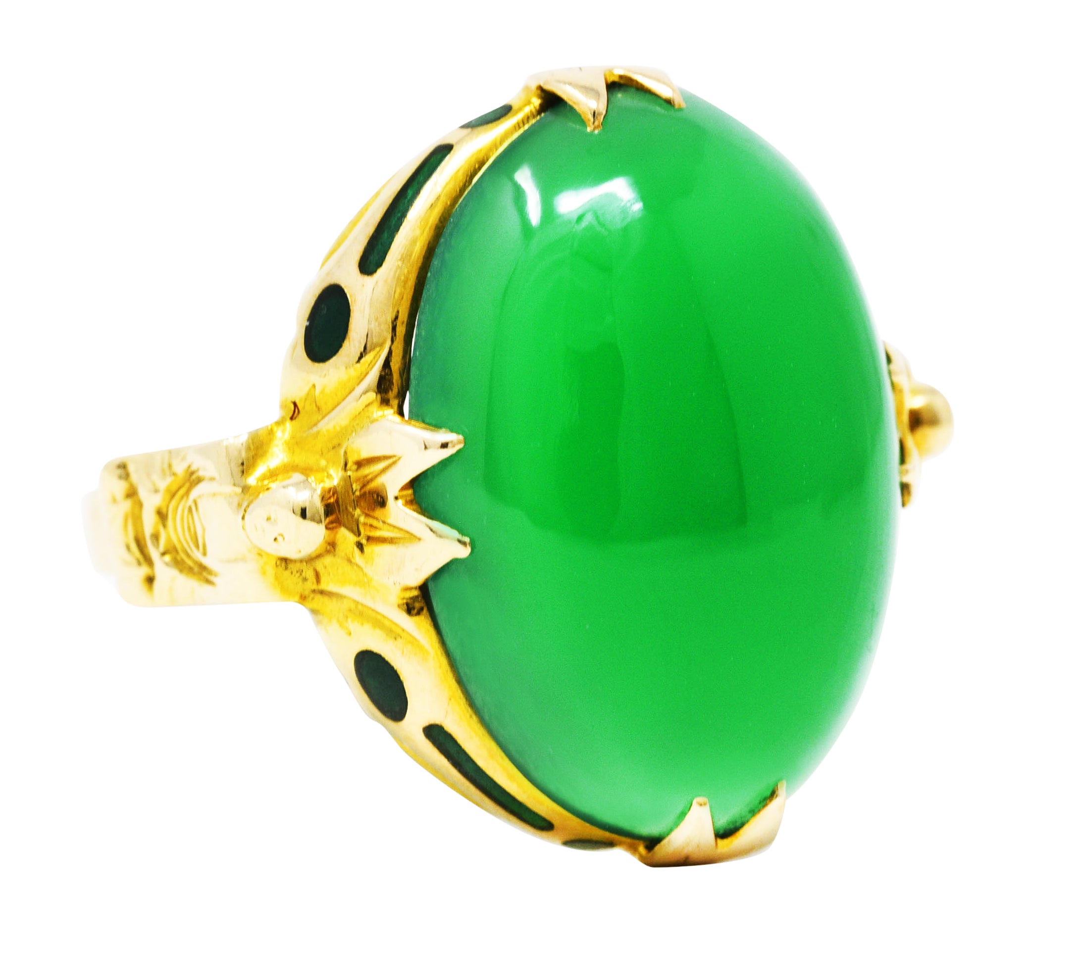 Felger Art Deco Chrysoprase Enamel 14 Karat Yellow Gold Buddha Lotus Ring Wilson's Estate Jewelry