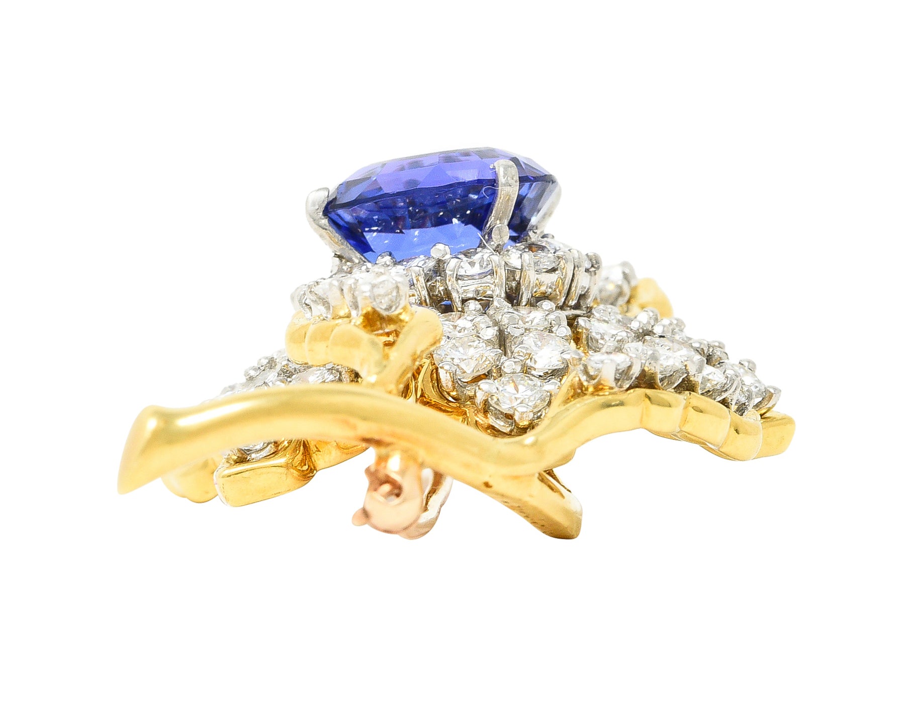 Tiffany & Co. 10.23 CTW Step Cut Tanzanite Transitional Cut Diamonds Platinum 18 Karat Yellow Gold Clematis Flower Vintage Brooch Wilson's Estate Jewelry