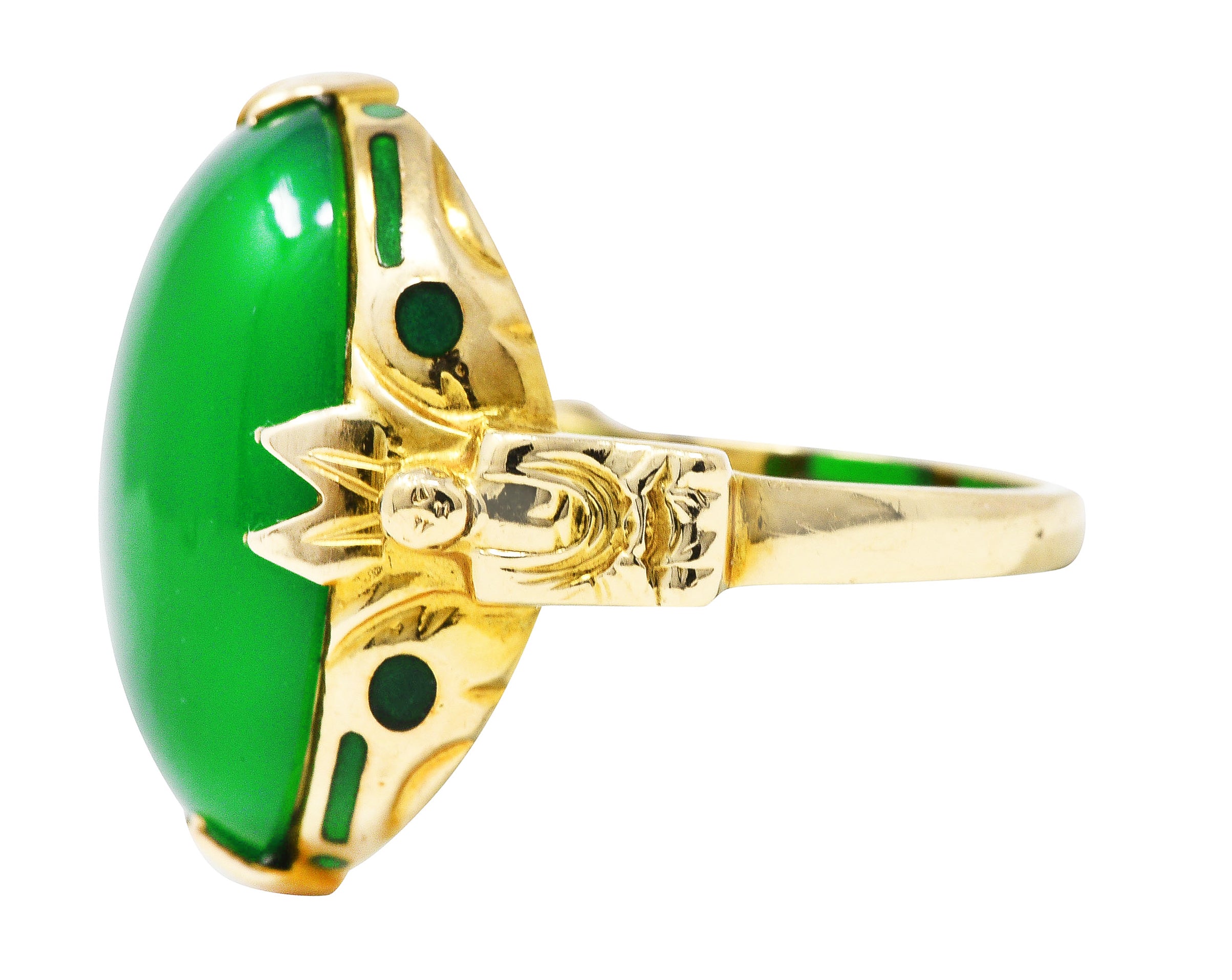 Felger Art Deco Chrysoprase Enamel 14 Karat Yellow Gold Buddha Lotus Ring Wilson's Estate Jewelry