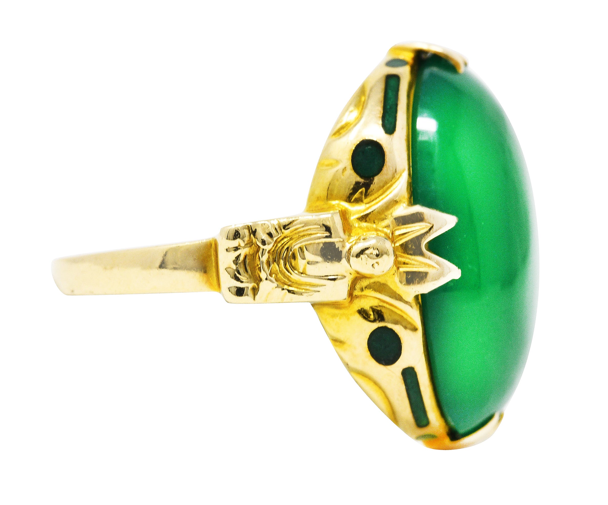 Felger Art Deco Chrysoprase Enamel 14 Karat Yellow Gold Buddha Lotus Ring Wilson's Estate Jewelry