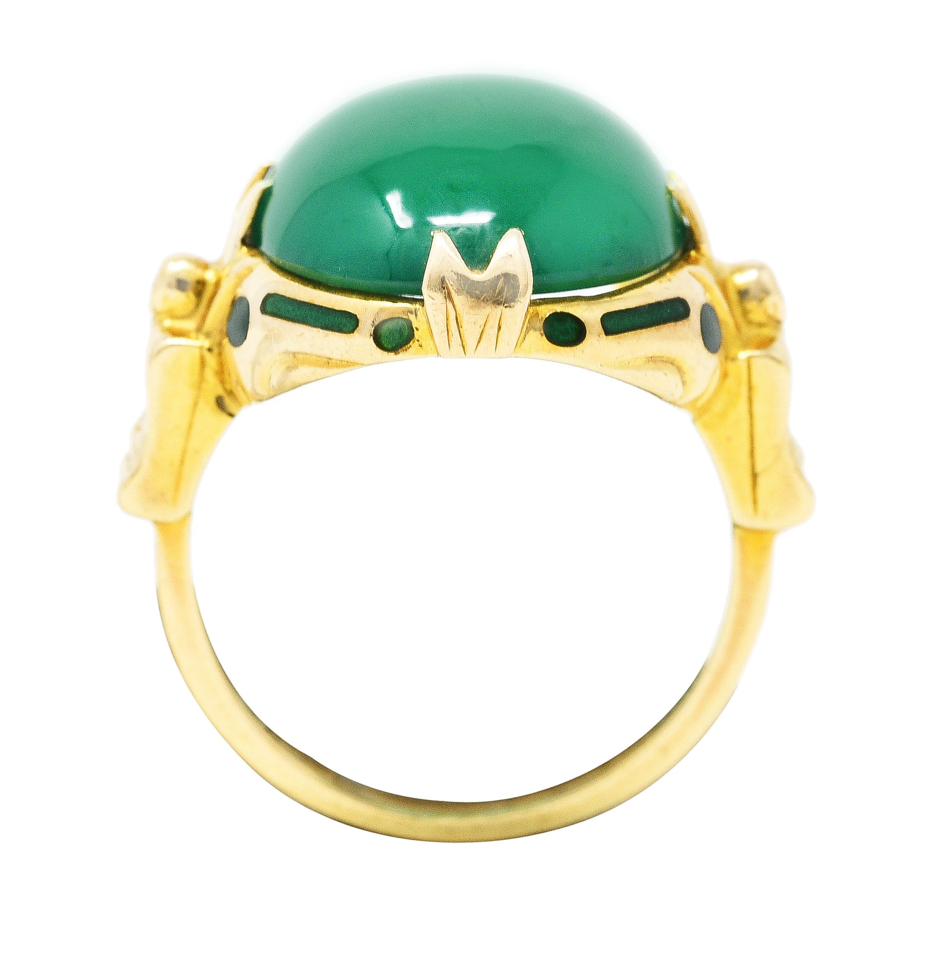 Felger Art Deco Chrysoprase Enamel 14 Karat Yellow Gold Buddha Lotus Ring Wilson's Estate Jewelry