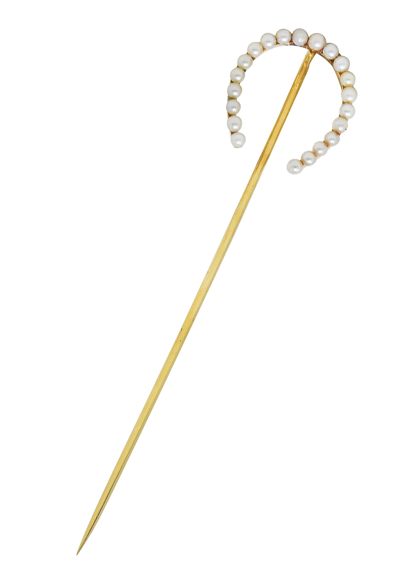 Edwardian 14 Karat Yellow Gold Pearl Horseshoe Stickpin Wilson's Estate Jewelry