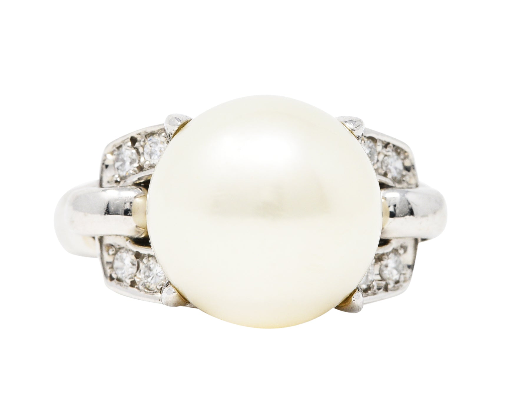 Mid-Century Diamond Pearl Platinum Buckle Cocktail RingRing - Wilson's Estate Jewelry