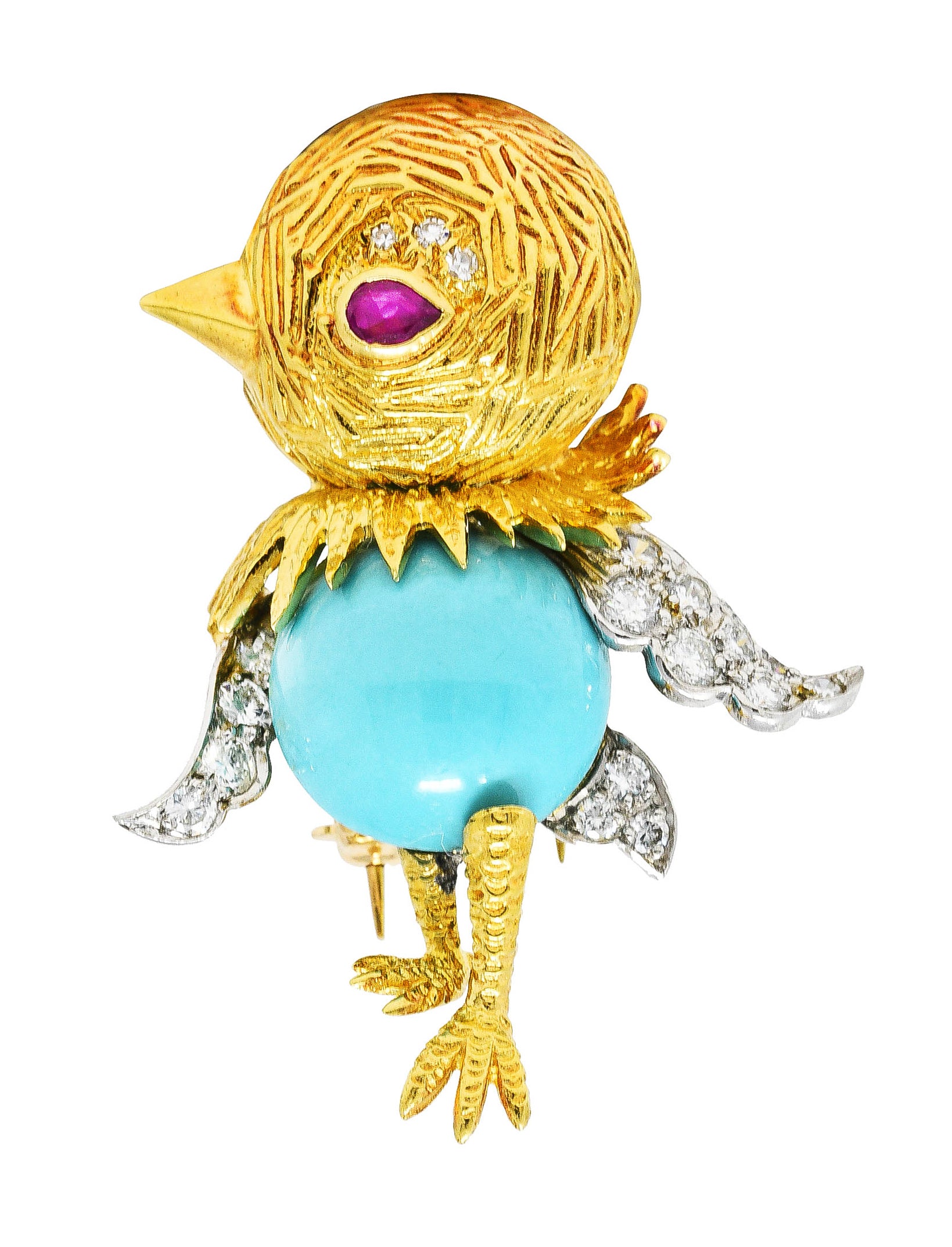 Mid-Century Diamond Ruby Turquoise Platinum 18 Karat Yellow Gold Cartoon Bird Vintage Brooch Wilson's Estate Jewelry