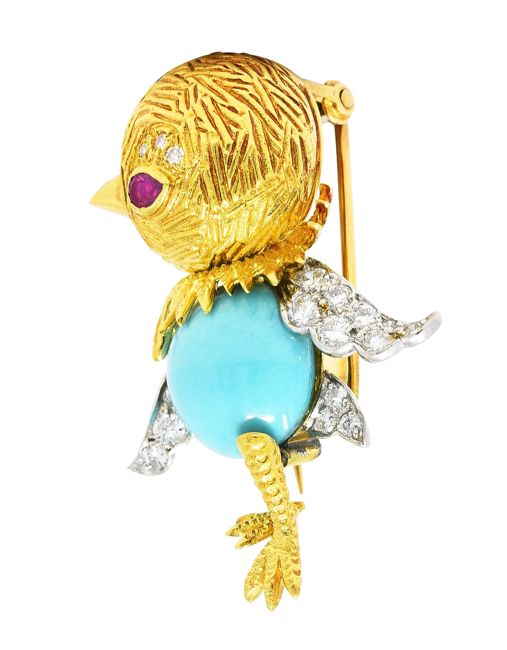 Mid-Century Diamond Ruby Turquoise Platinum 18 Karat Yellow Gold Cartoon Bird Vintage Brooch Wilson's Estate Jewelry