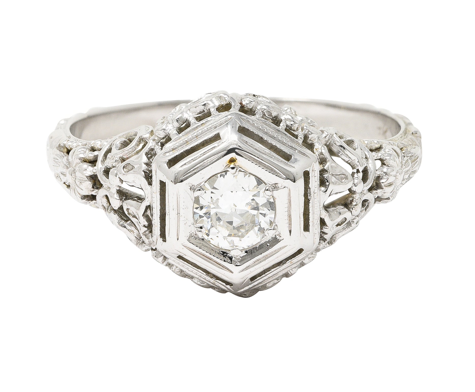 Art Deco 0.25 CTW Old European Cut Diamond 18 Karat White Gold Scrolling Orange Blossom Engagement Ring Wilson's Estate Jewelry