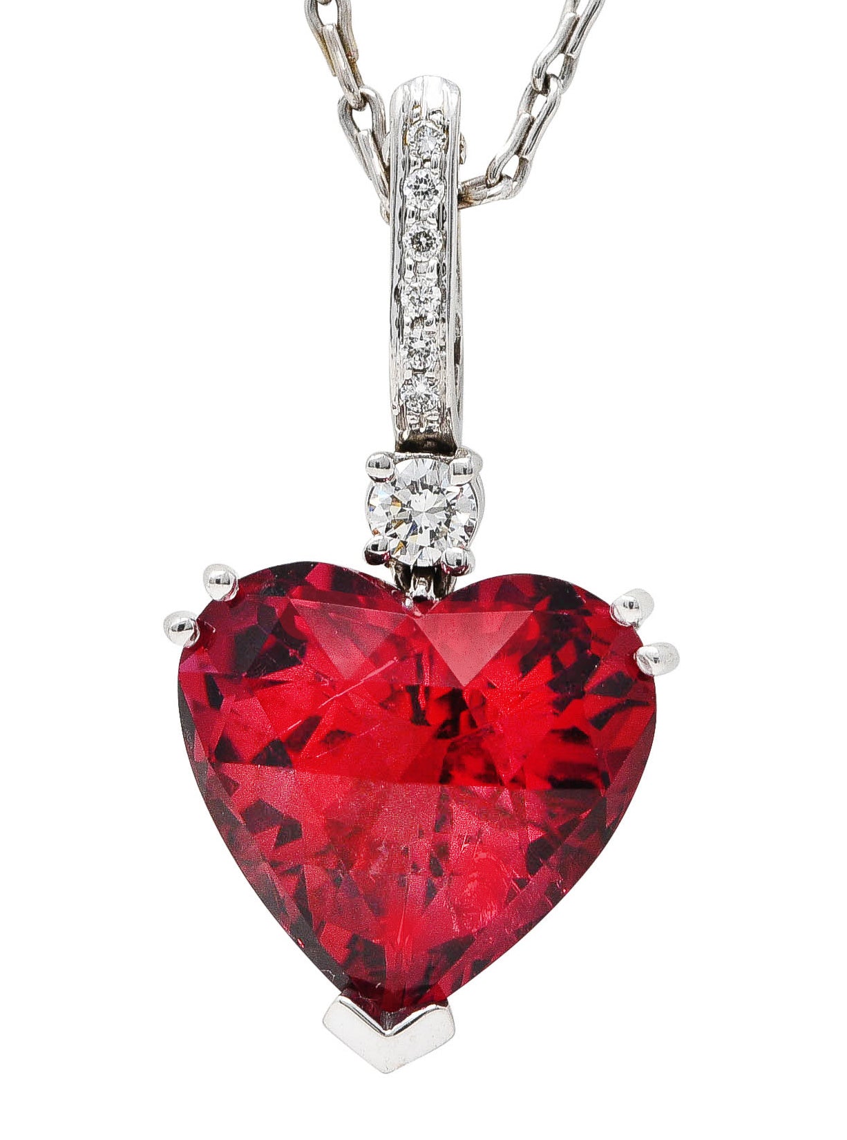 Kurt Wayne 1990's Diamond Rubellite Tourmaline 18 Karat White Gold Heart Enhancer Pendant Vintage Necklace Wilson's Estate Jewelry