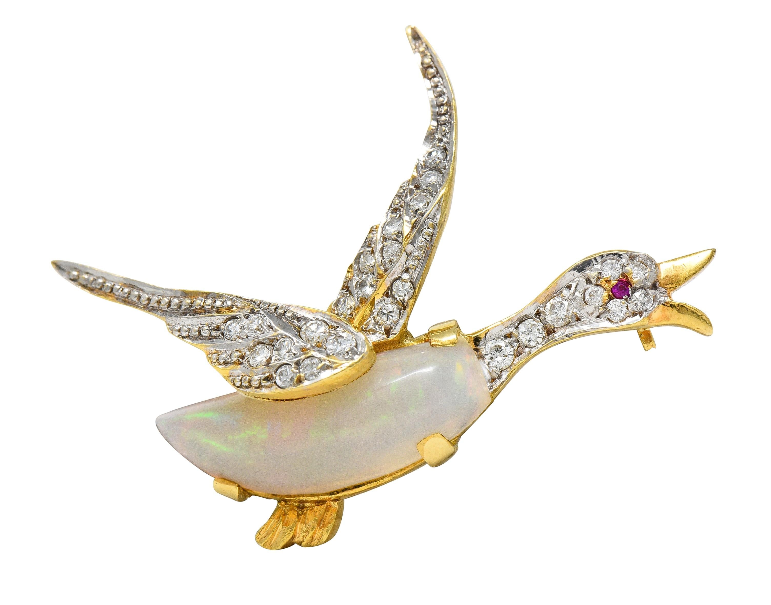 1960's Opal Diamond Ruby Platinum 18 Karat Gold Vintage Goose Bird Brooch