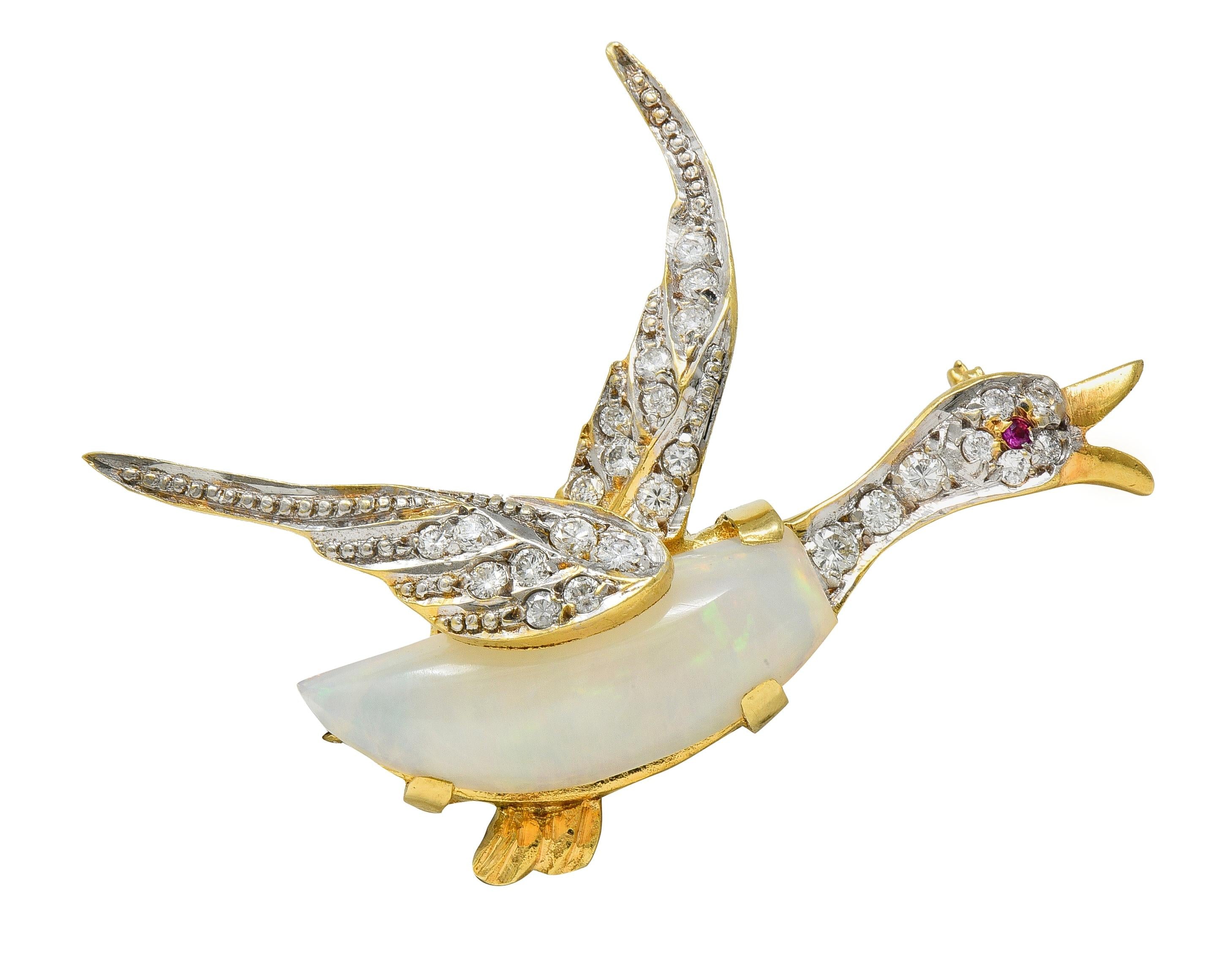 1960's Opal Diamond Ruby Platinum 18 Karat Gold Vintage Goose Bird Brooch