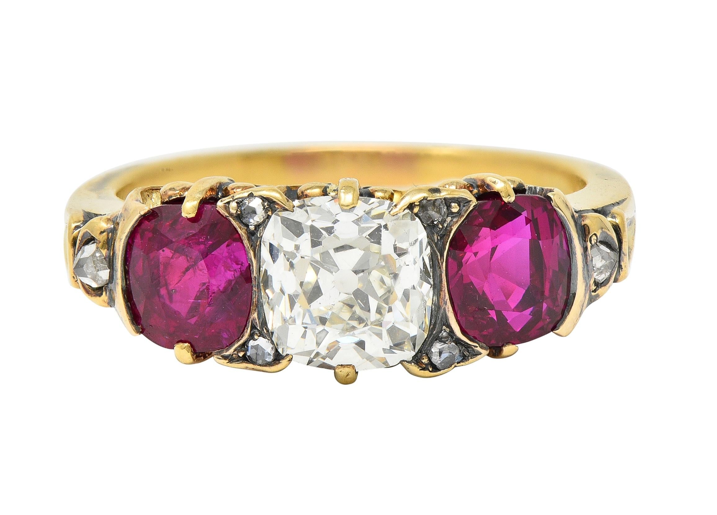 Victorian 3.40 CTW Diamond No Heat Burma Ruby 18 Karat Gold Three Stone Ring GIA