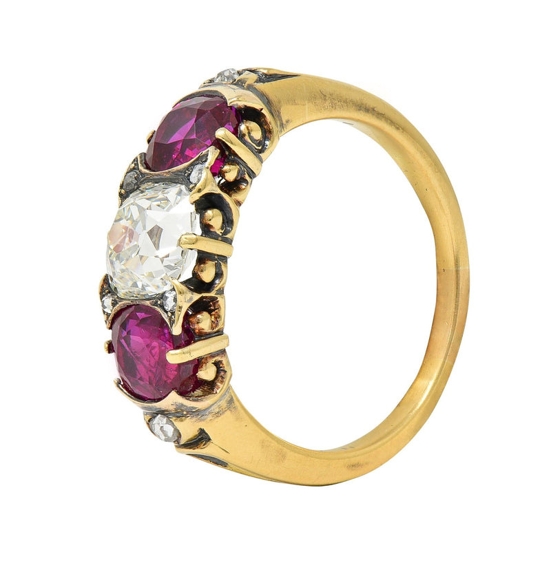 Victorian 3.40 CTW Diamond No Heat Burma Ruby 18 Karat Gold Three Stone Ring GIA