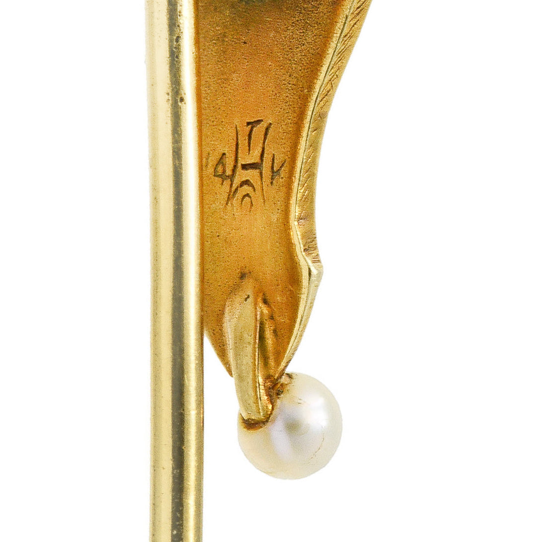 Art Nouveau Hagerstrom & Son Sapphire Pearl 14 Karat Yellow Gold Greek Shield Stickpin Wilson's Estate Jewelry