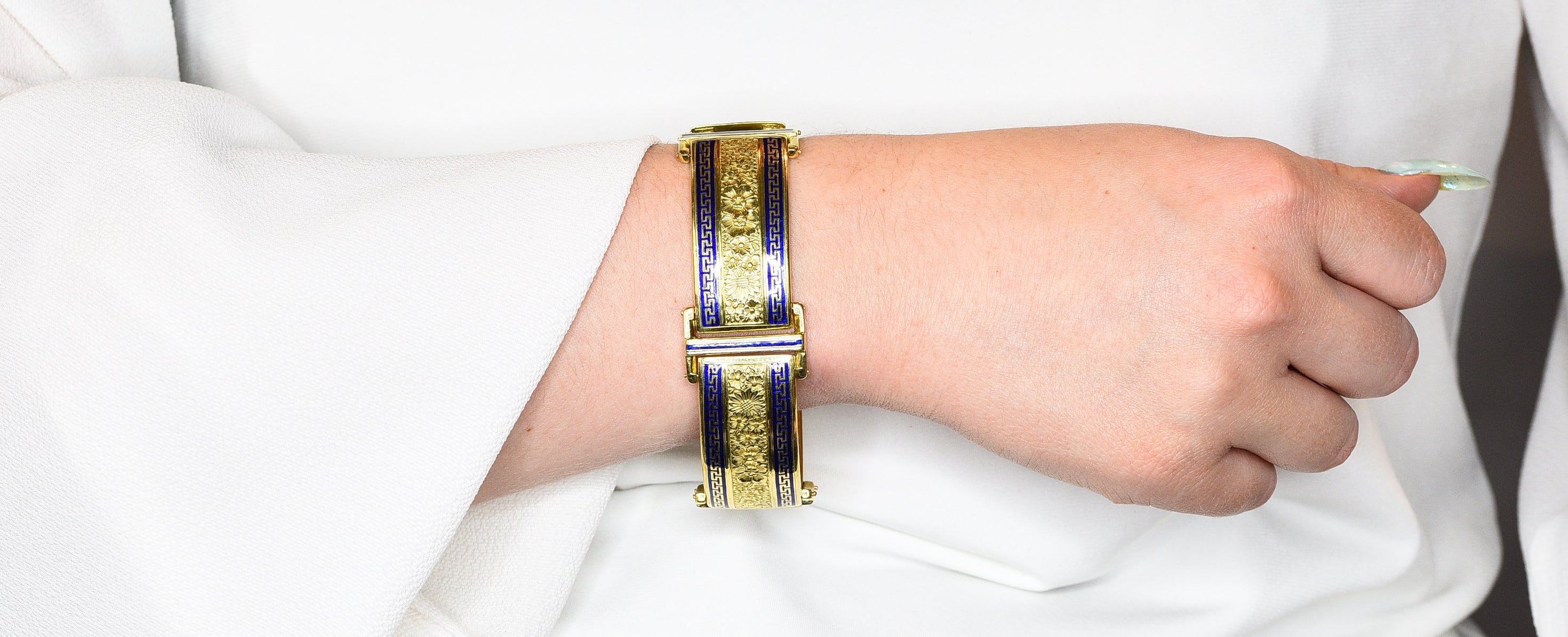 Victorian Enamel 18 Karat Gold Greek Key Panel Braceletbracelet - Wilson's Estate Jewelry