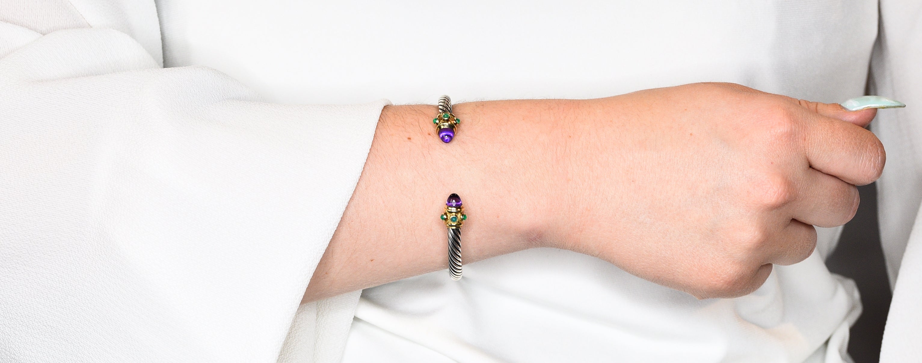 1990's David Yurman Amethyst Chrysoprase 14 Karat Gold Sterling Silver Renaissance Cuff Braceletbracelet - Wilson's Estate Jewelry